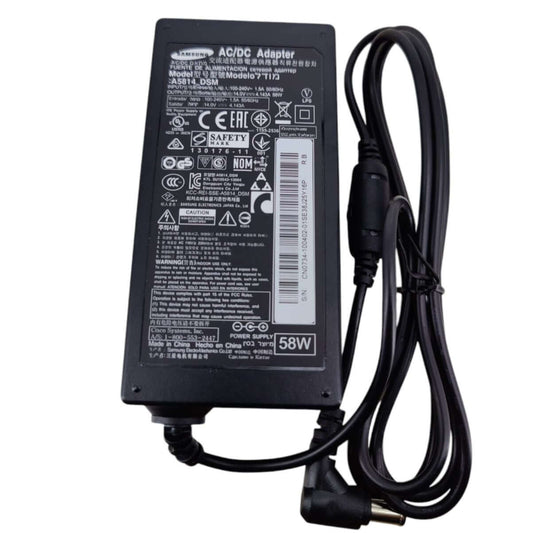 Samsung AC/DC adapter with 58W power output, compatible with monitors; features safety certifications and specifications.