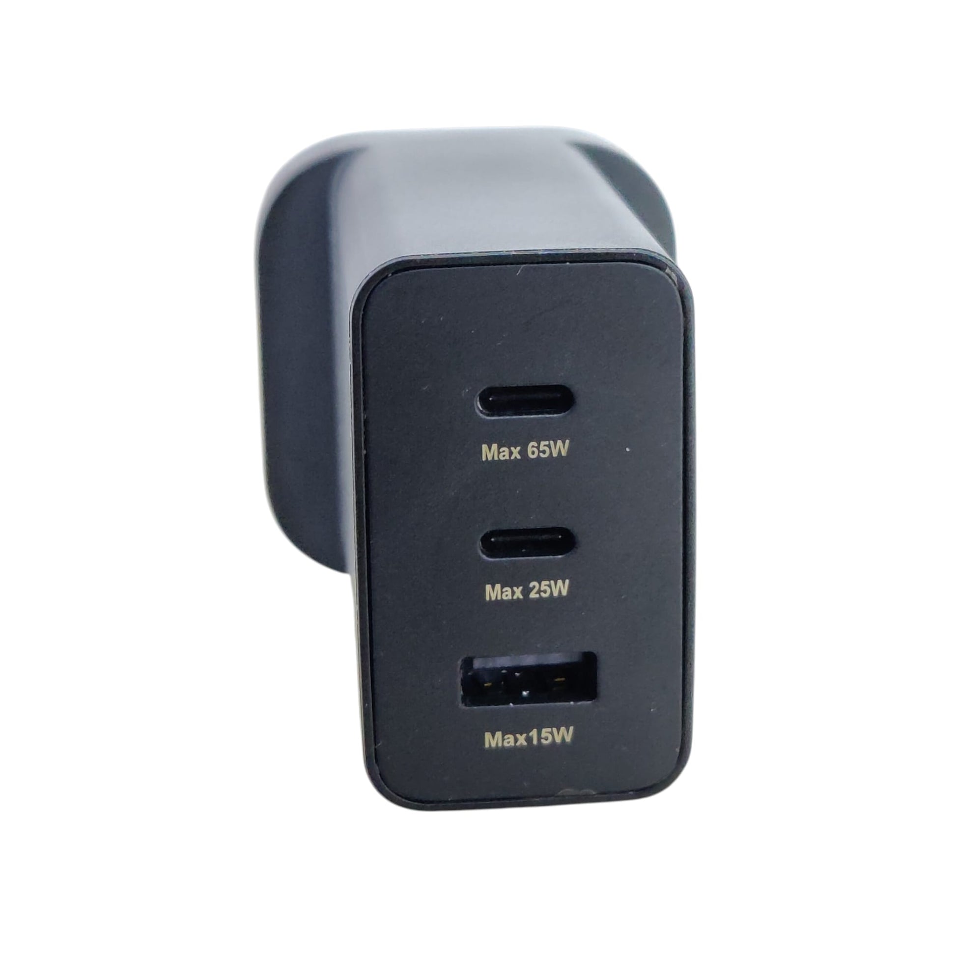 Front view of Samsung 65W trio charger showing two USB-C ports and one USB-A port.