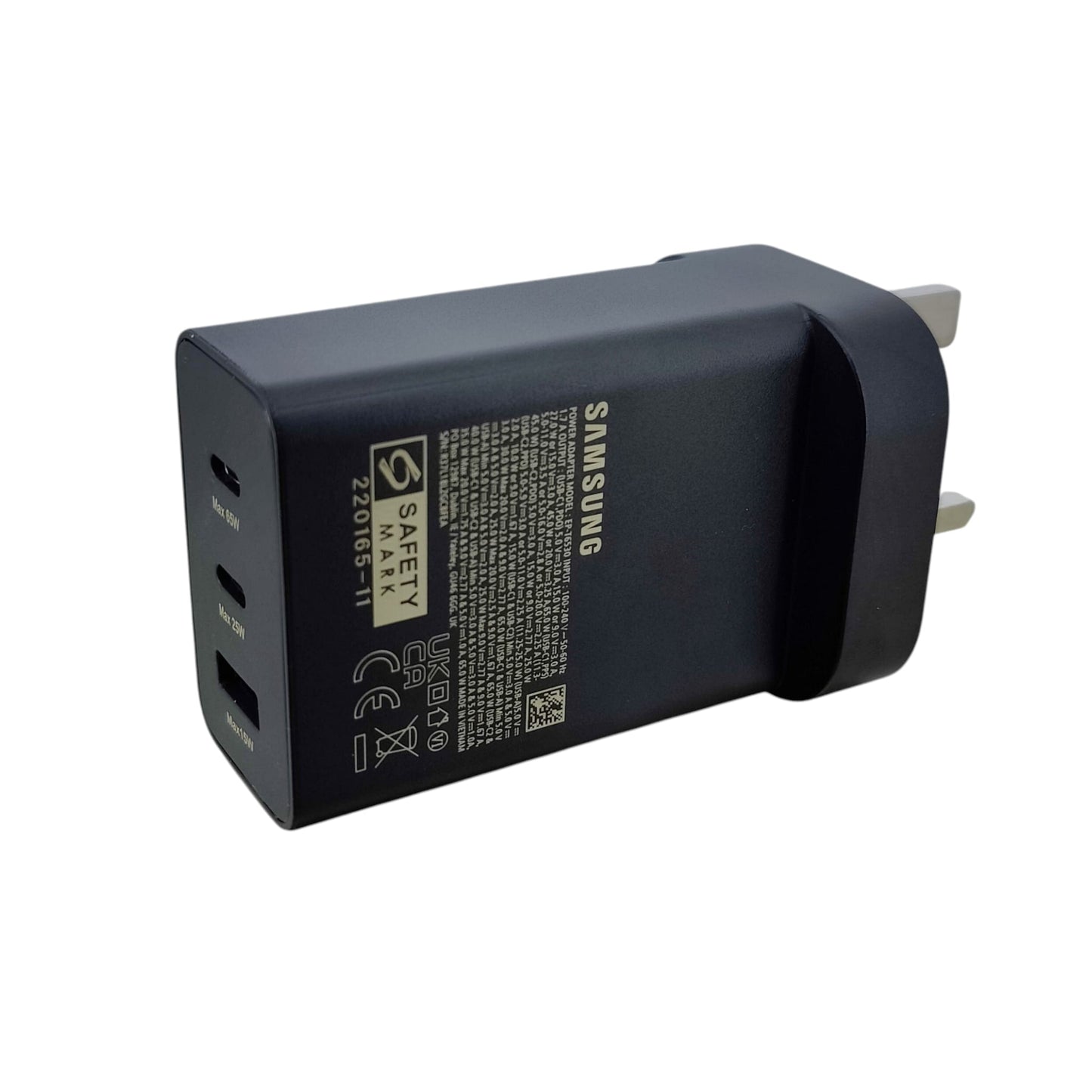 Angled view of the black Samsung 65W multi-port fast charging adapter.