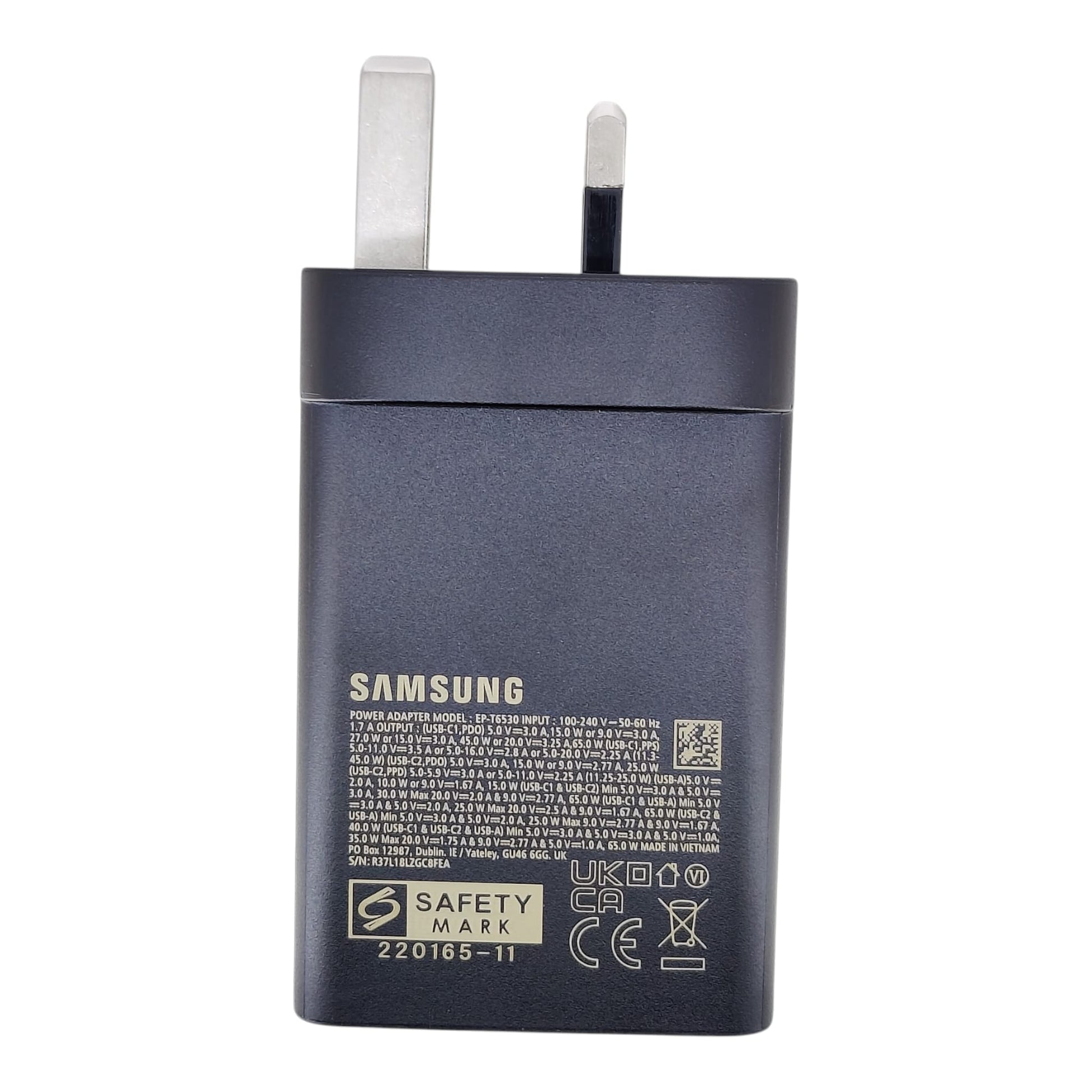 Bottom view of the Samsung EP-T6530 adapter displaying technical specifications and safety marks.