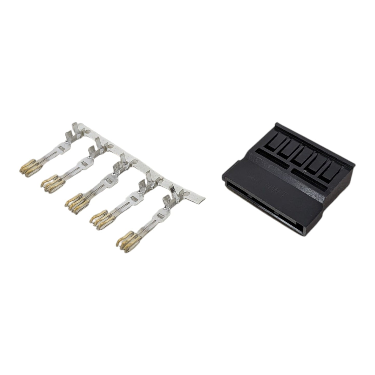 Close-up of the five metal crimp terminals included in the DIY SATA power kit, designed for secure AWG 18-22 wire connections.