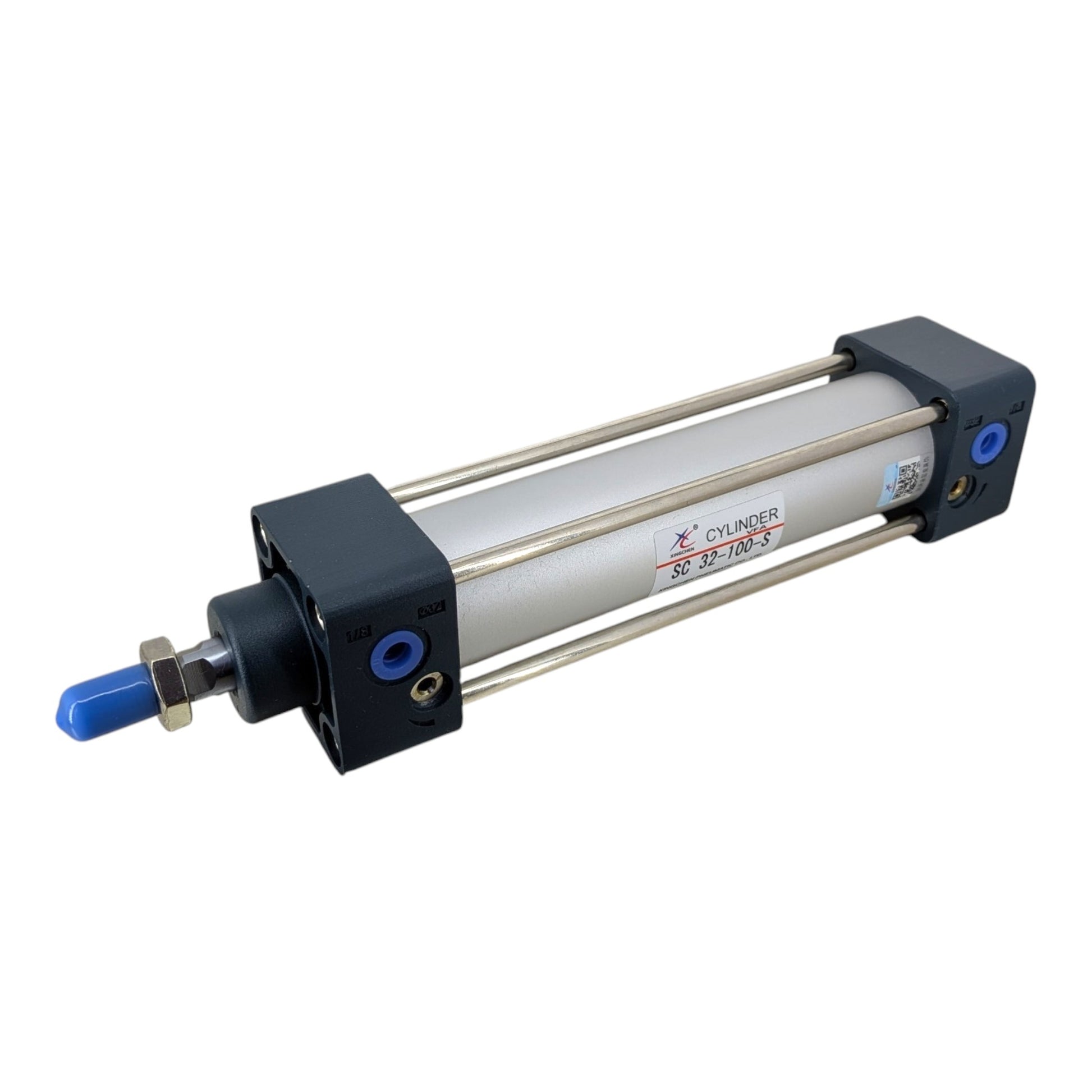 SC32-100-S 氣動拉桿氣缸 (32mm缸徑, 100mm行程) 實物圖，新昌電腦提供各類工業五金現貨，歡迎工程採購及門市自取。