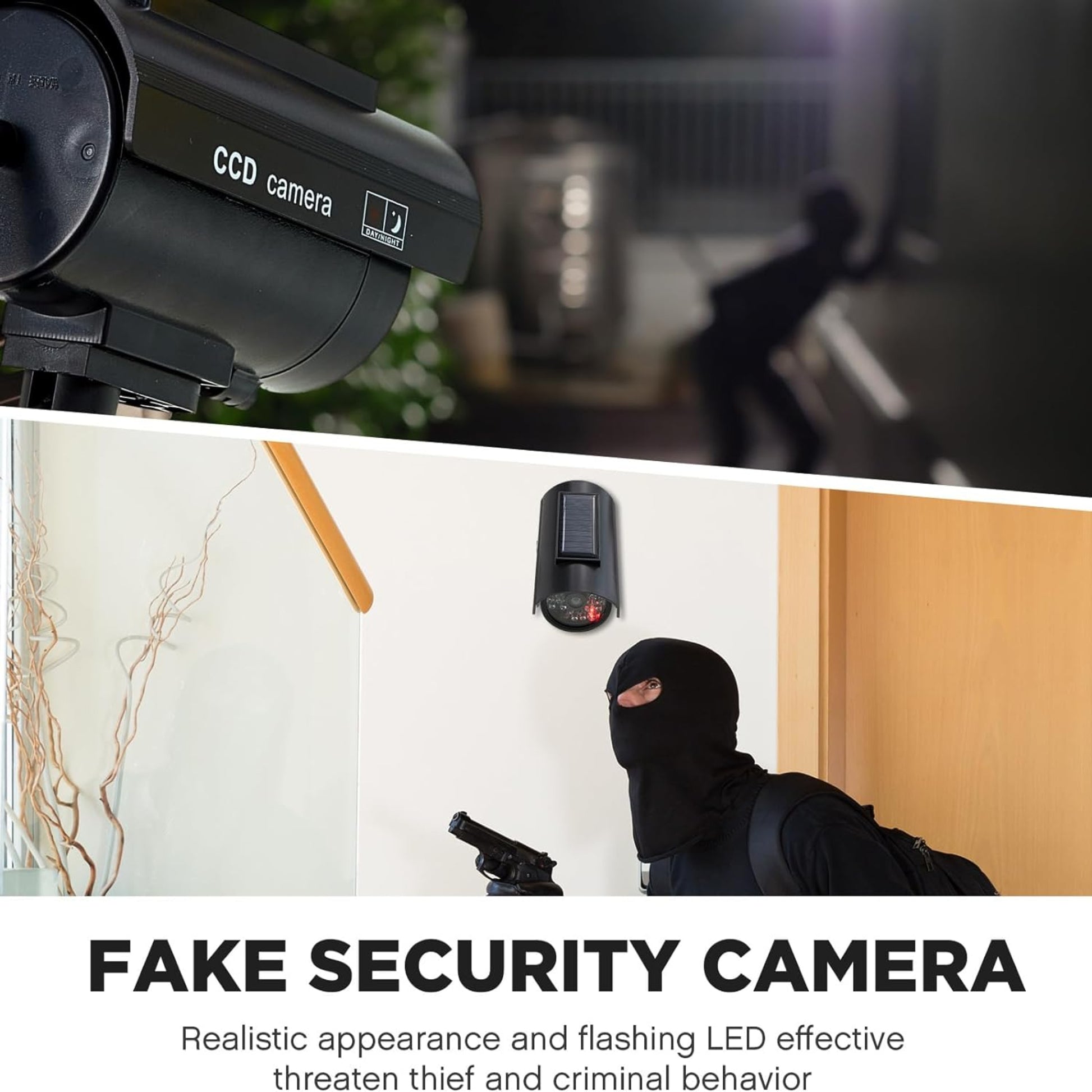 仿真攝像機產生心理威懾，有效嚇退盜賊防止罪案。Realistic fake camera effectively deterring intruders and thieves.