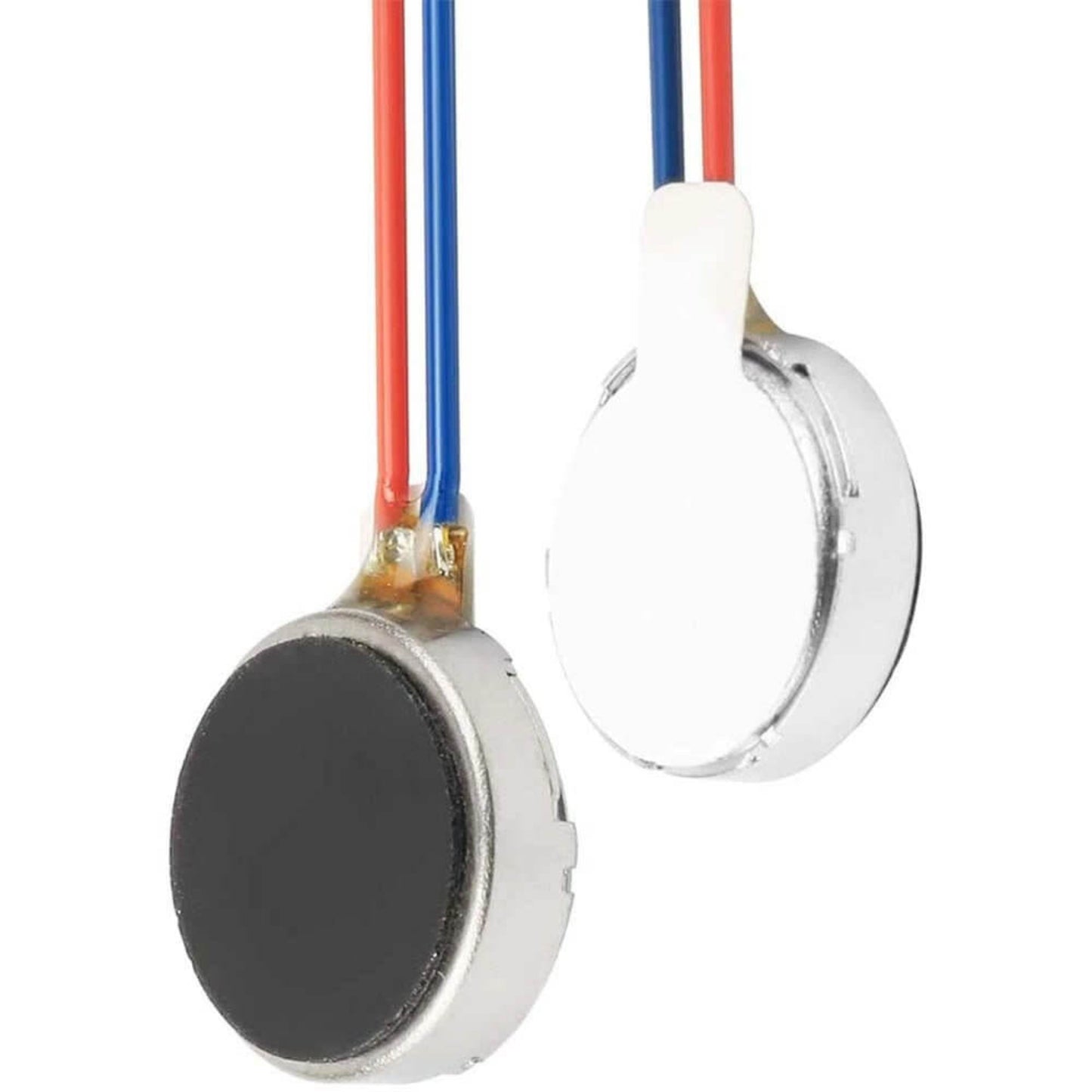 Close-up of 3.7V mini vibration motors with red and blue wires, ideal for mobile phones and electronic devices.