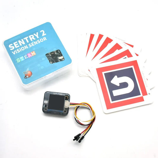 Sentry2 Vision Sensor with camera module and instruction cards showcasing AI features for Arduino and Raspberry Pi.