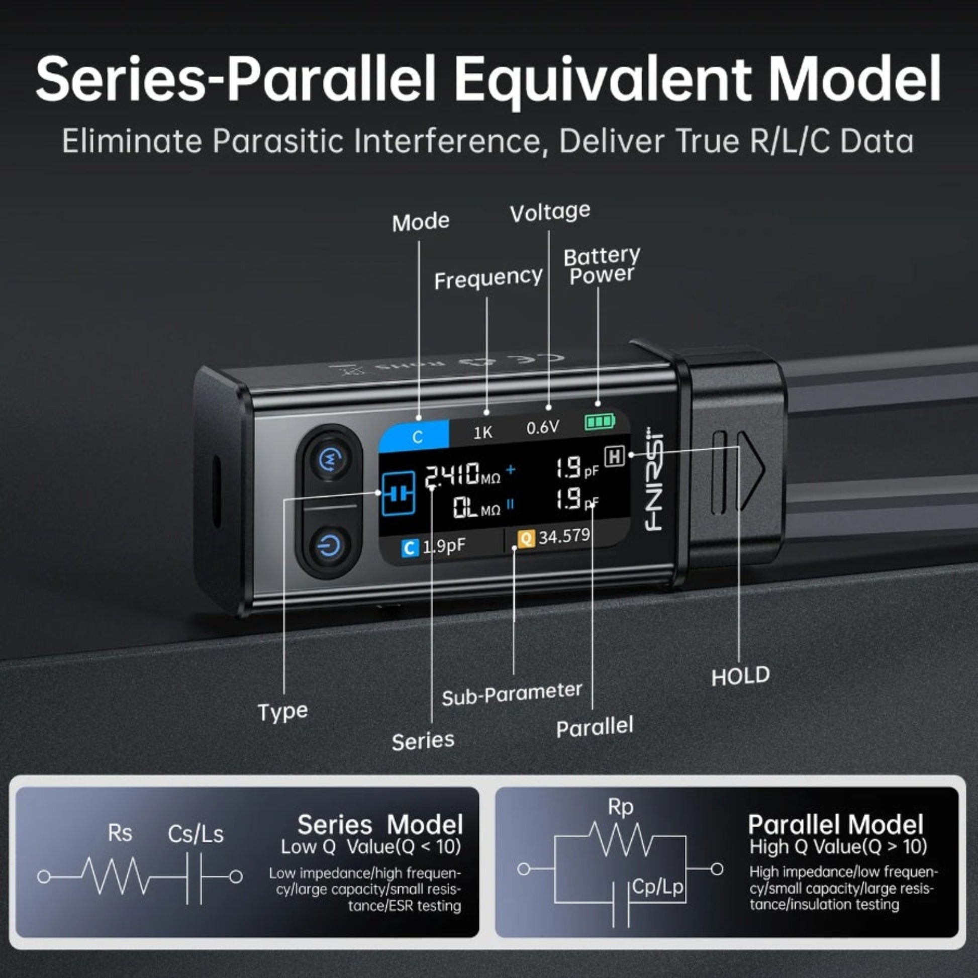 LCR-ST2 screen showing Series and Parallel equivalent models for precise R/L/C data.