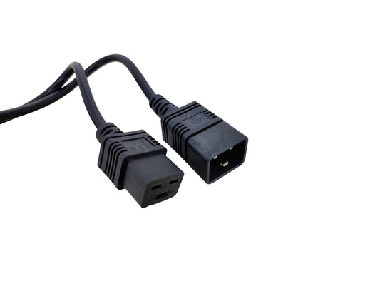 Both C19 male and C20 female connectors of a 1.5m server power extension cable.