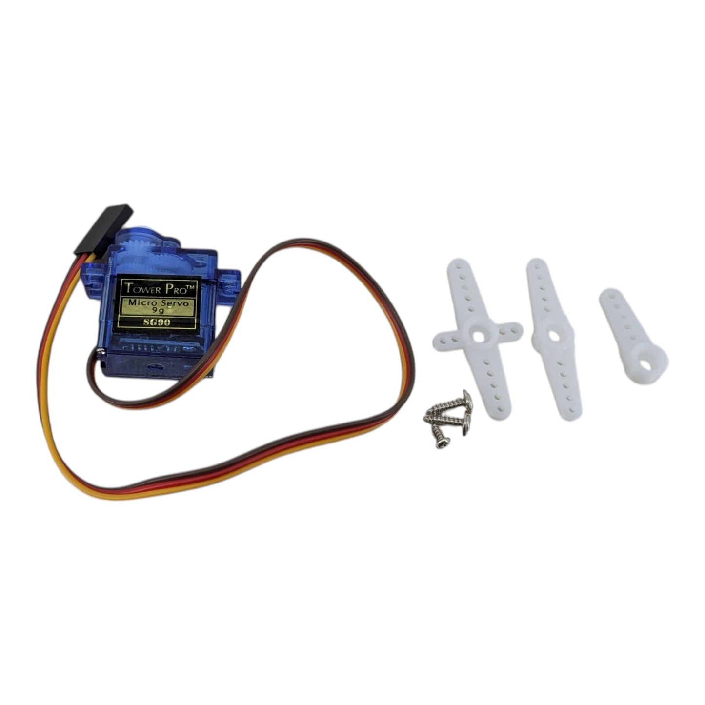 Complete SG90 9g micro servo motor kit including the blue analog servo, three white plastic servo horns, and mounting screws.