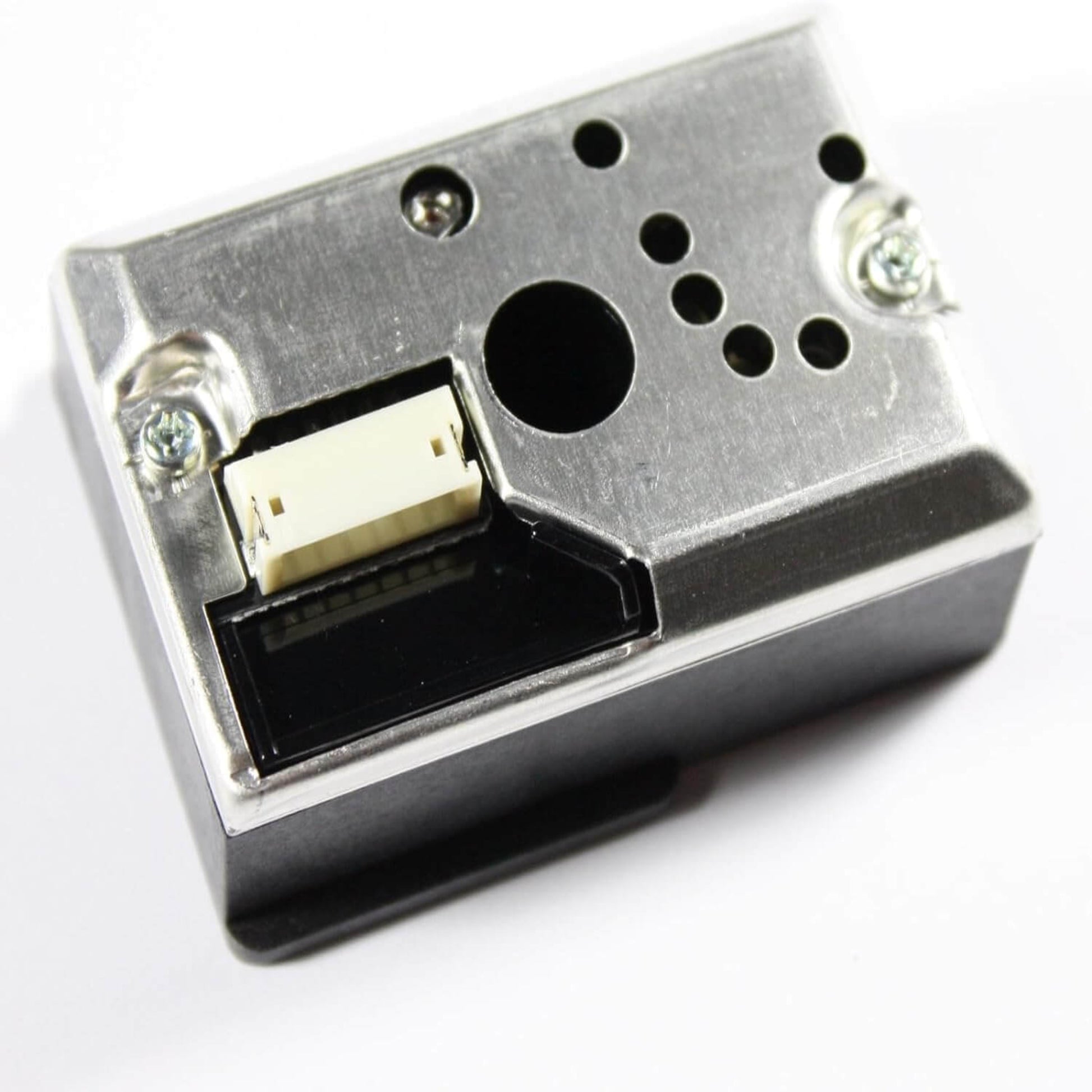 Optical GP2Y1010AU0F fine dust sensor module for Arduino air quality projects, showing connection port and metal casing.