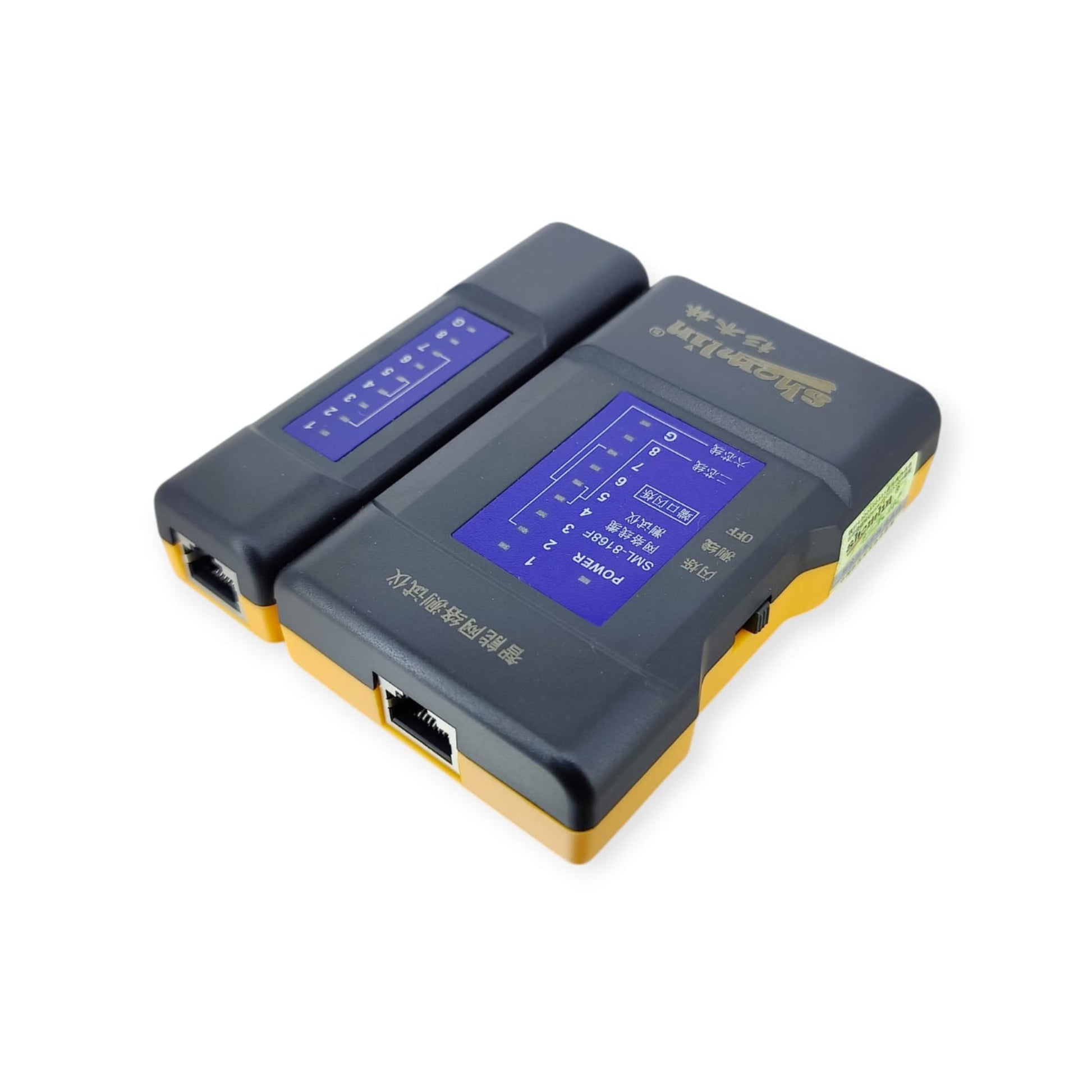 Angle view of the Shomlin SML-8168F network tester, highlighting the RJ45 ports and mode switch.