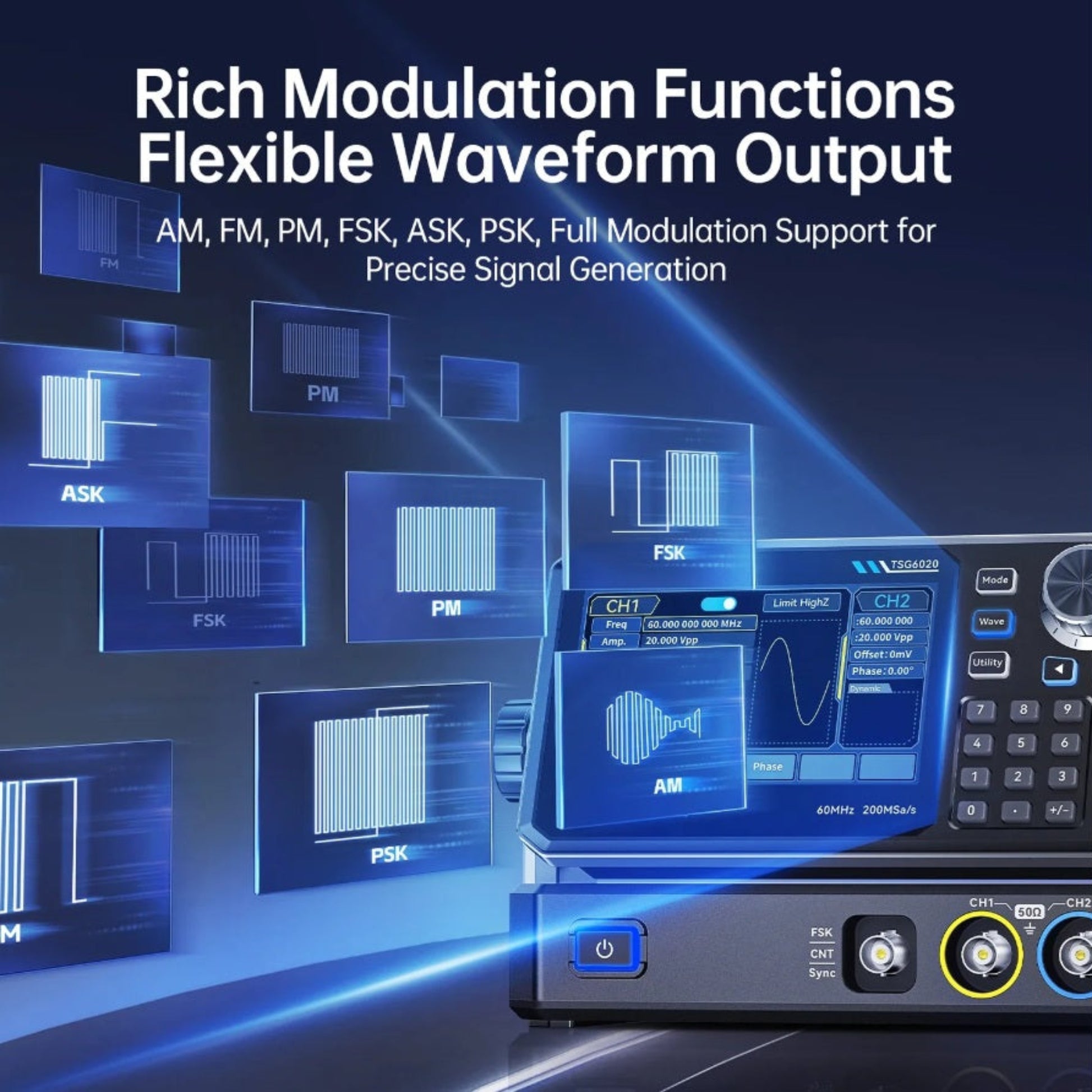 Visual representation of AM, FM, PM, and FSK modulation capabilities on the TSG6020.