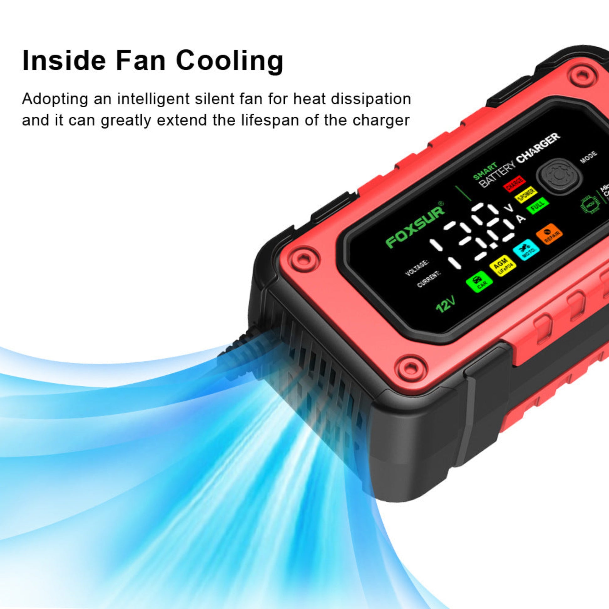 Built-in silent cooling fan for charger heat dissipation