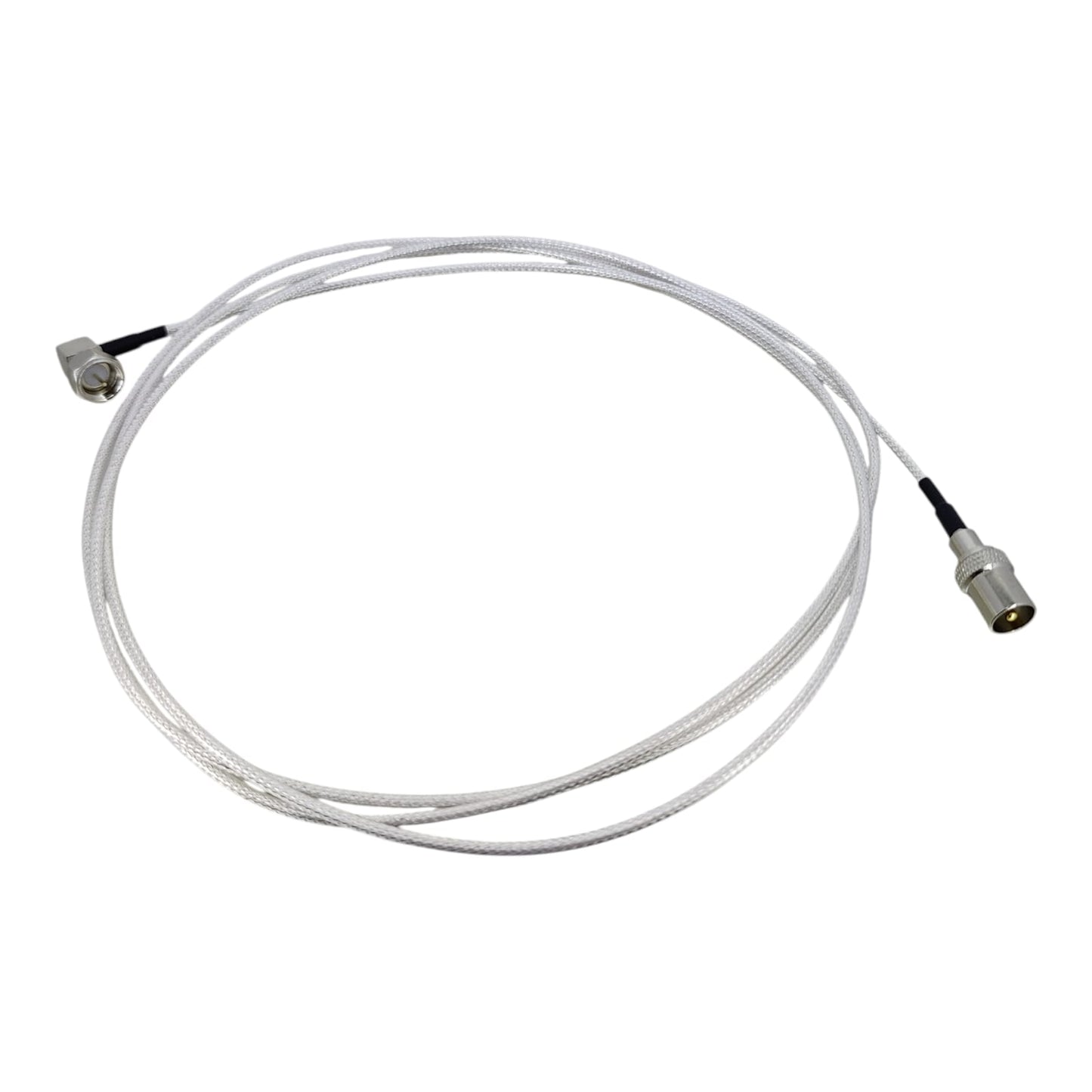 Full view of slim silver braided TV antenna cable, flexible design for easy home theater installation.