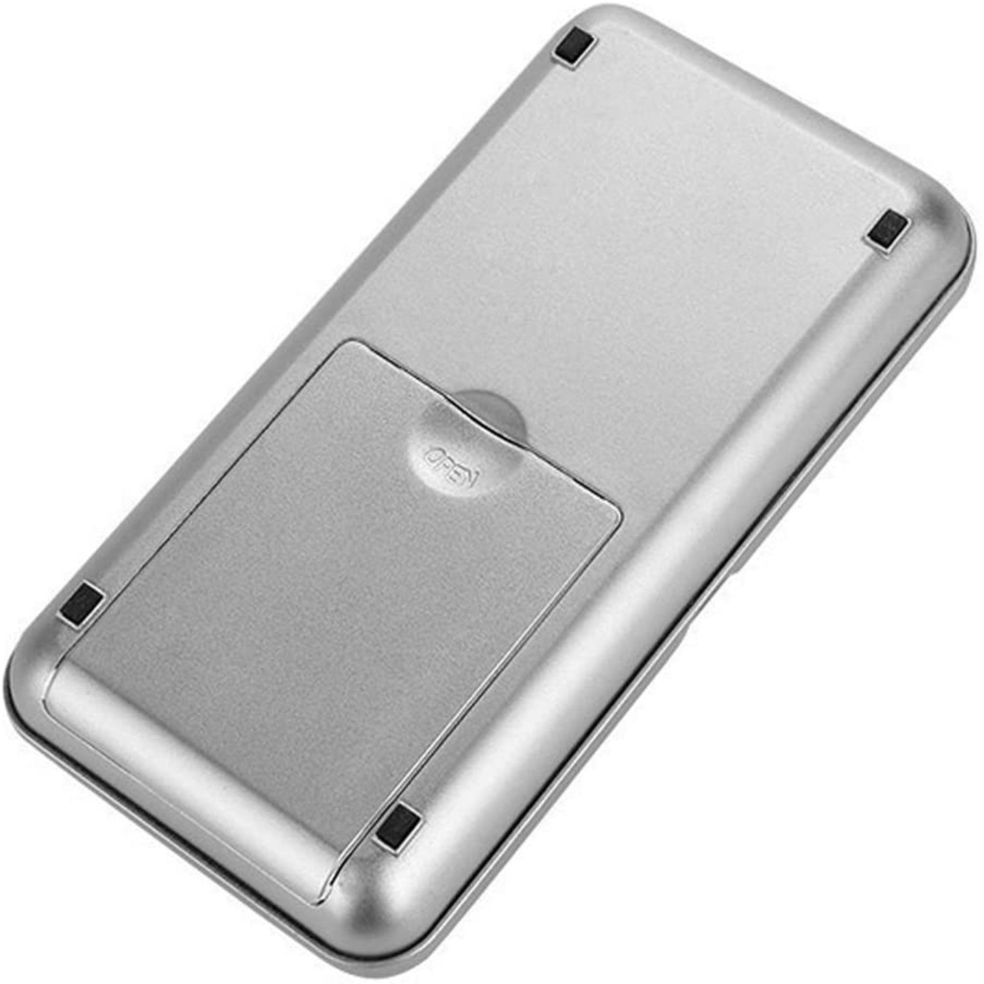The smooth, silver back of the digital pocket scale with the battery cover securely in place.