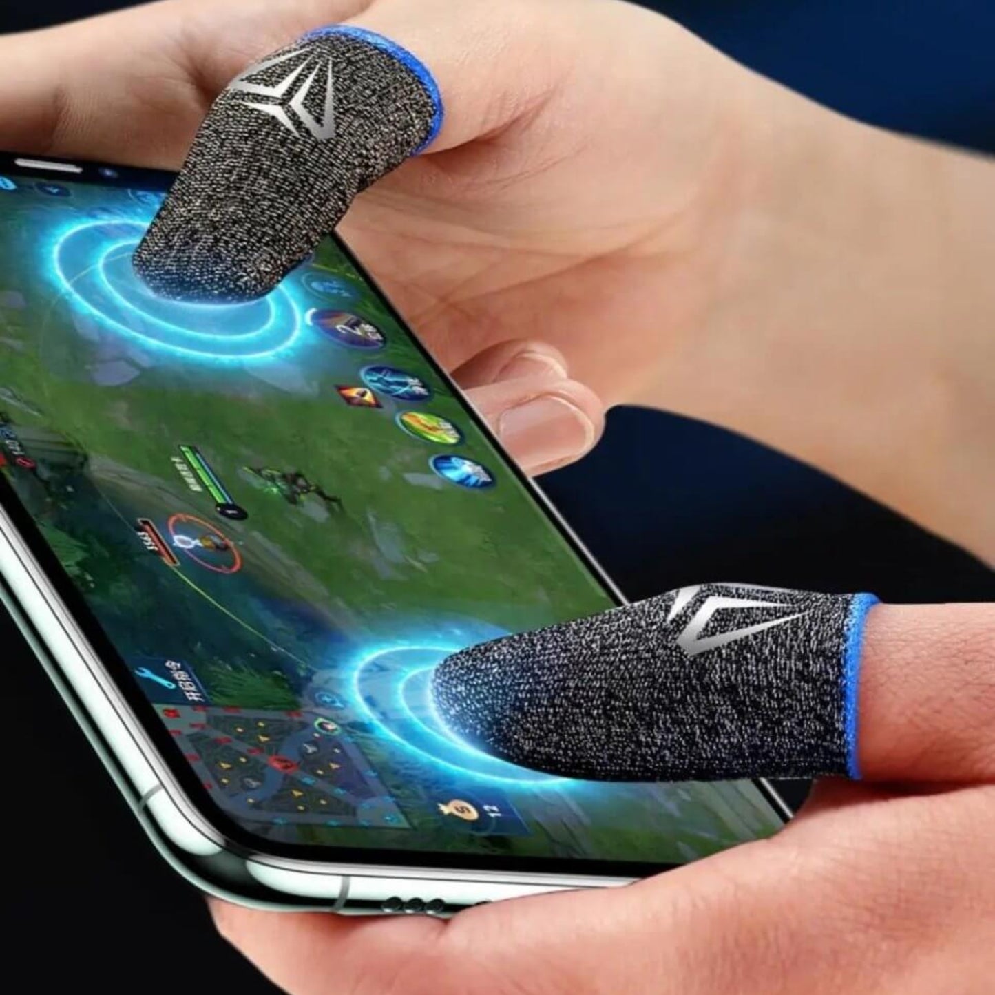 Mobile gaming finger sleeves enhancing touch sensitivity for faster gameplay on touchscreen devices.