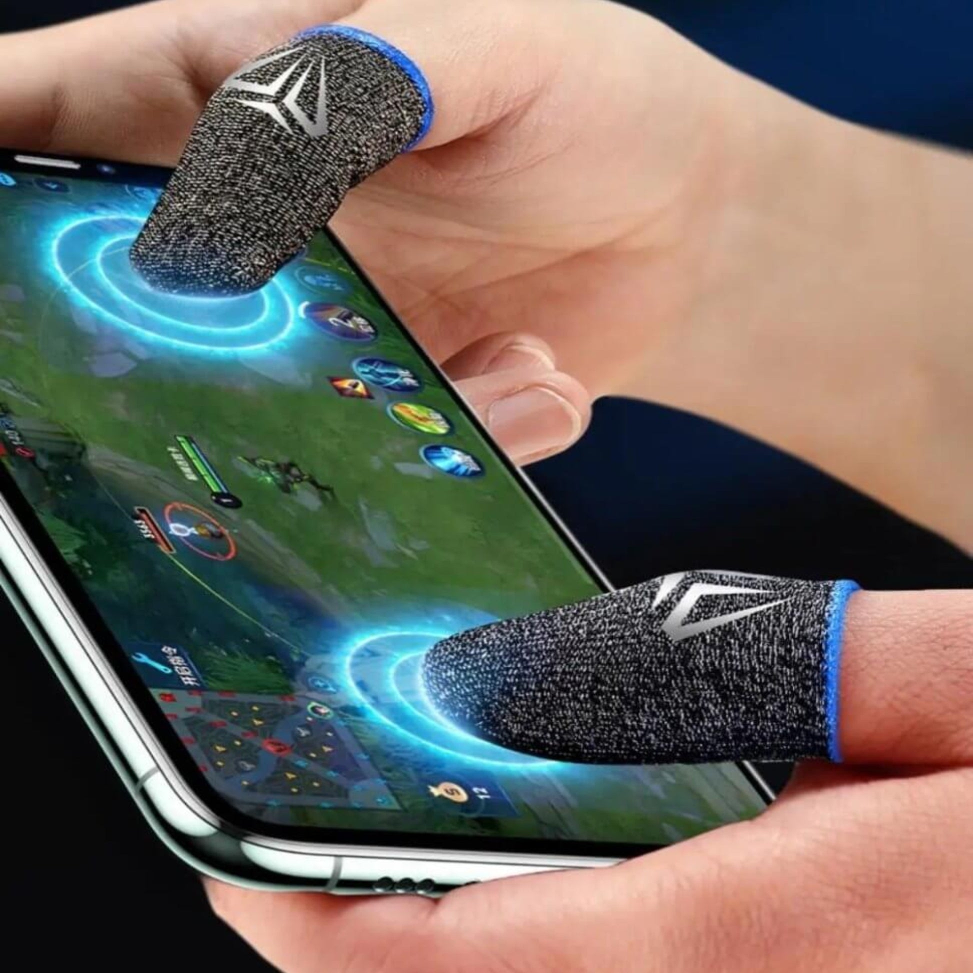 Mobile gaming finger sleeves enhancing touch sensitivity for faster gameplay on touchscreen devices.