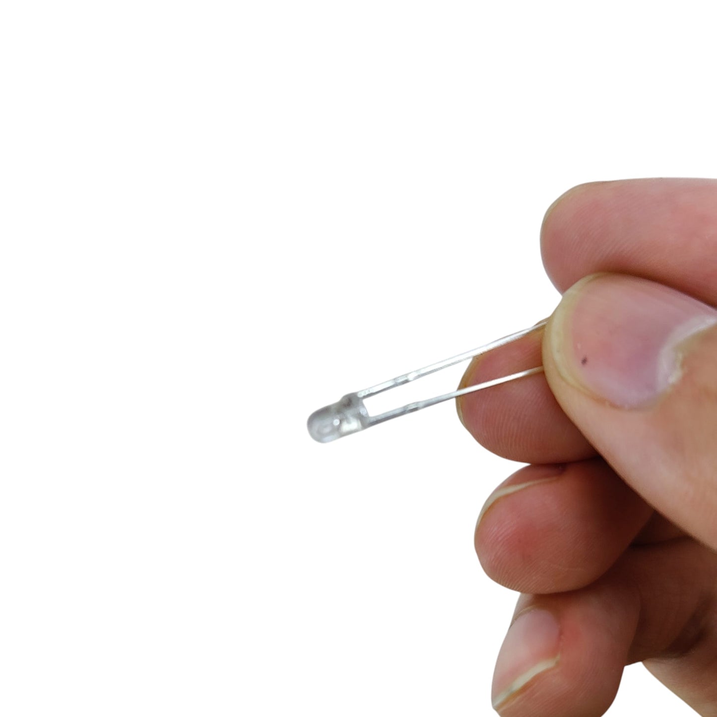 Side profile of unlit 3mm LED showing internal cathode and anode structure.