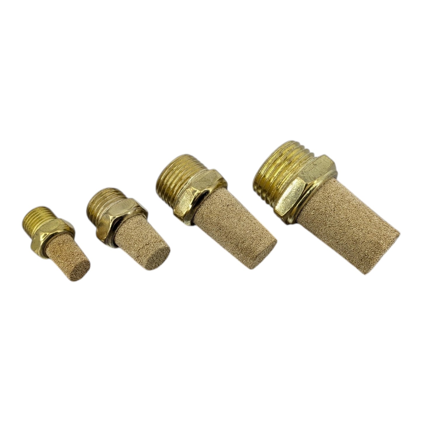 A lineup of four sintered brass pneumatic mufflers in 1/8", 1/4", 3/8", and 1/2" sizes, used for reducing air valve exhaust noise.