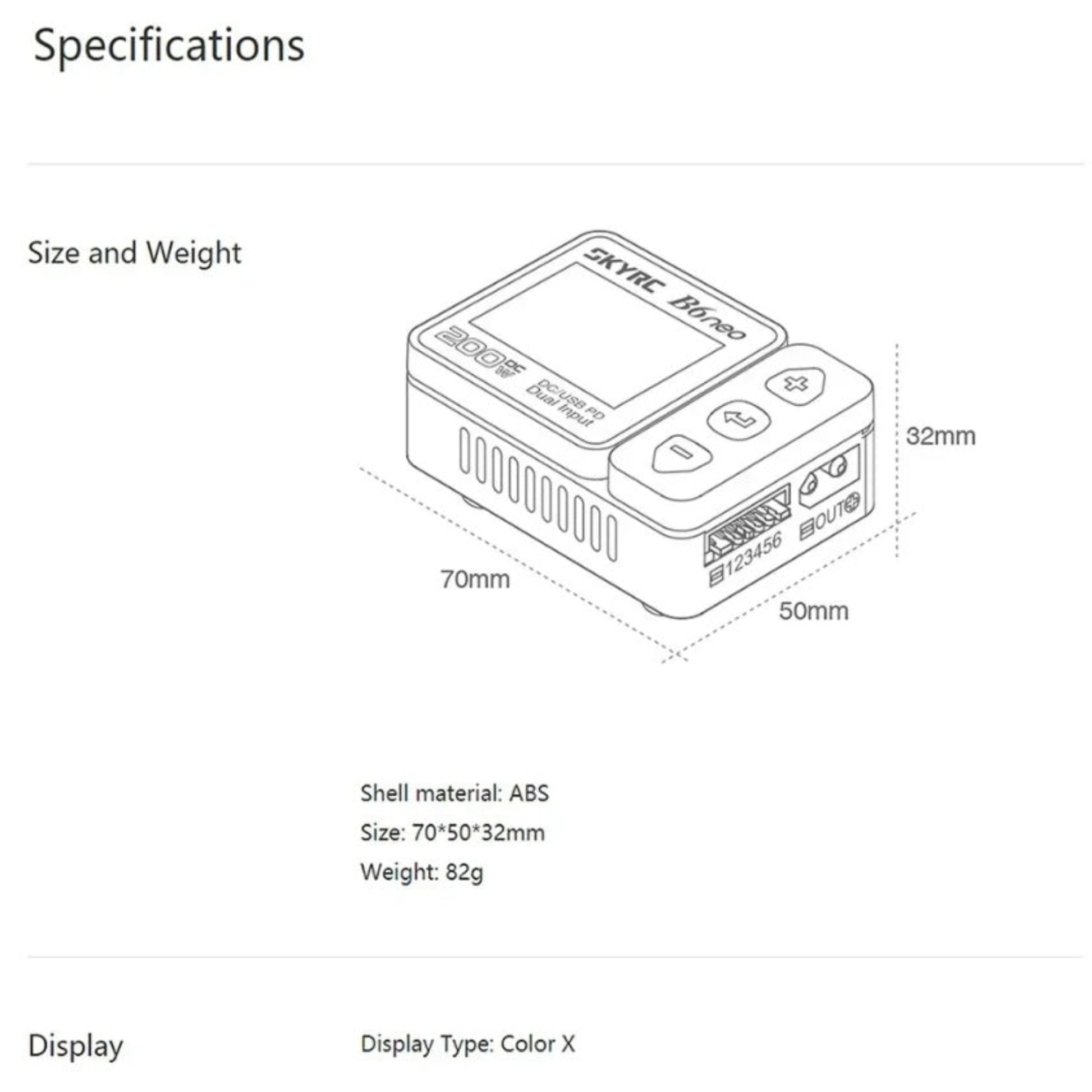 A schematic diagram detailing the dimensions of the compact SkyRC B6 Neo charger: 70mm length, 50mm width, and 32mm height.