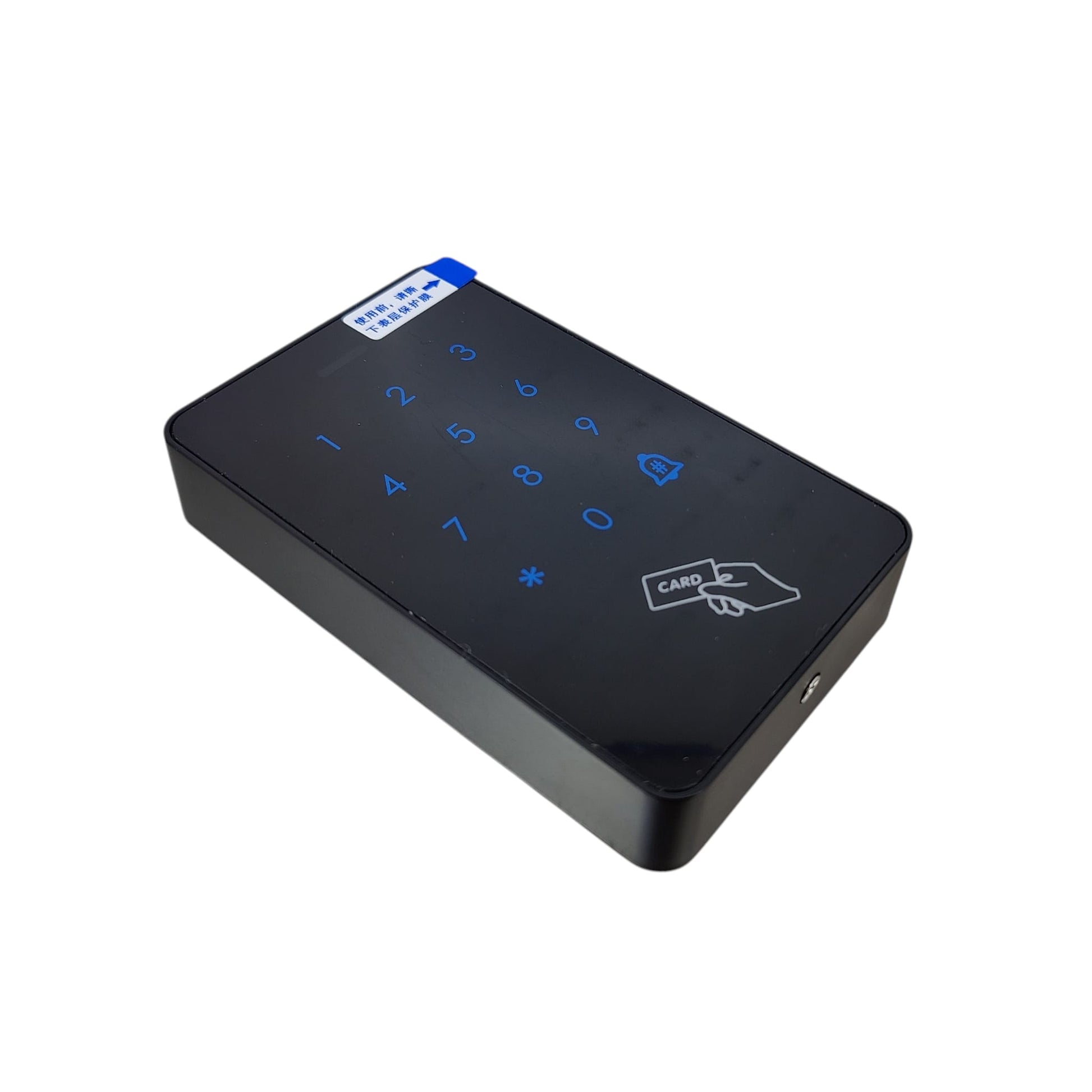 Perspective view of the slim 2cm thick RFID card reader and keypad with a high-gloss black finish.