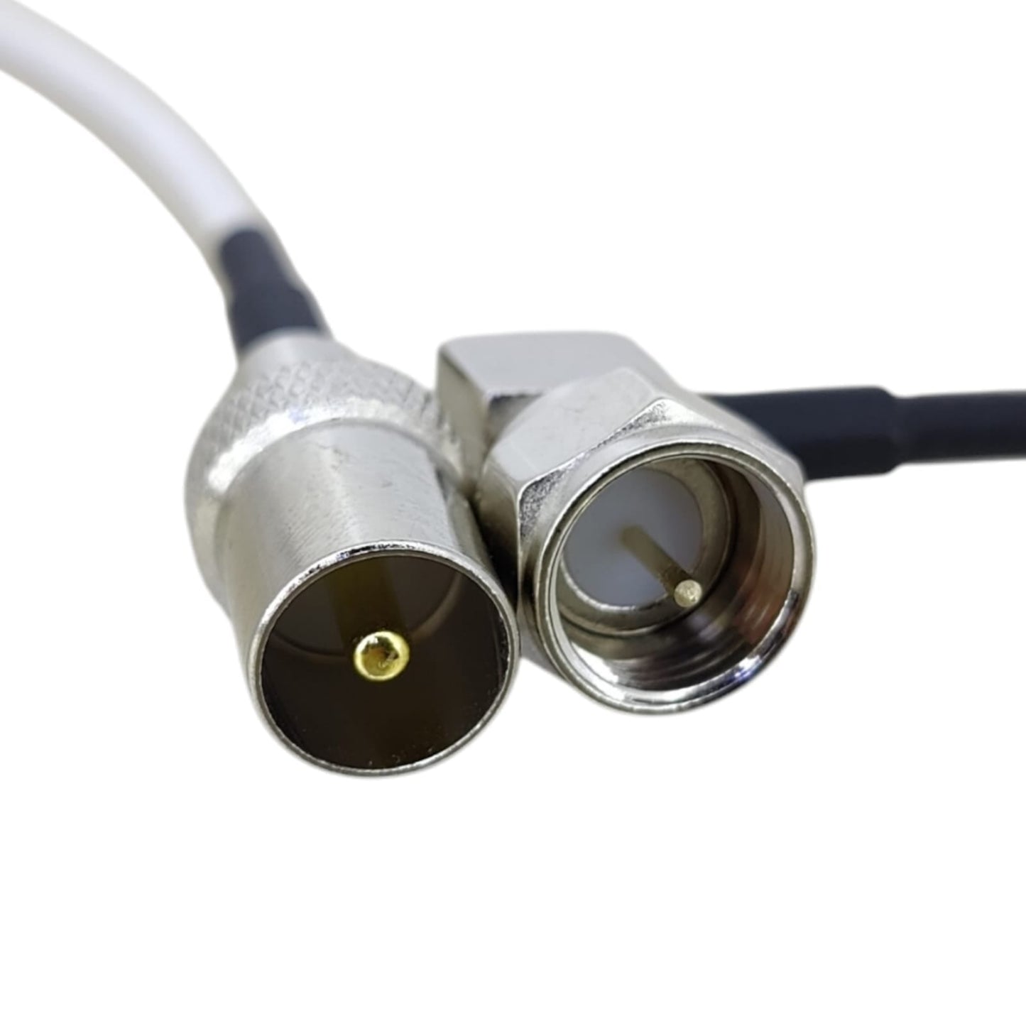 Close-up of durable nickel-plated connectors for RF to F-type coaxial antenna cable.