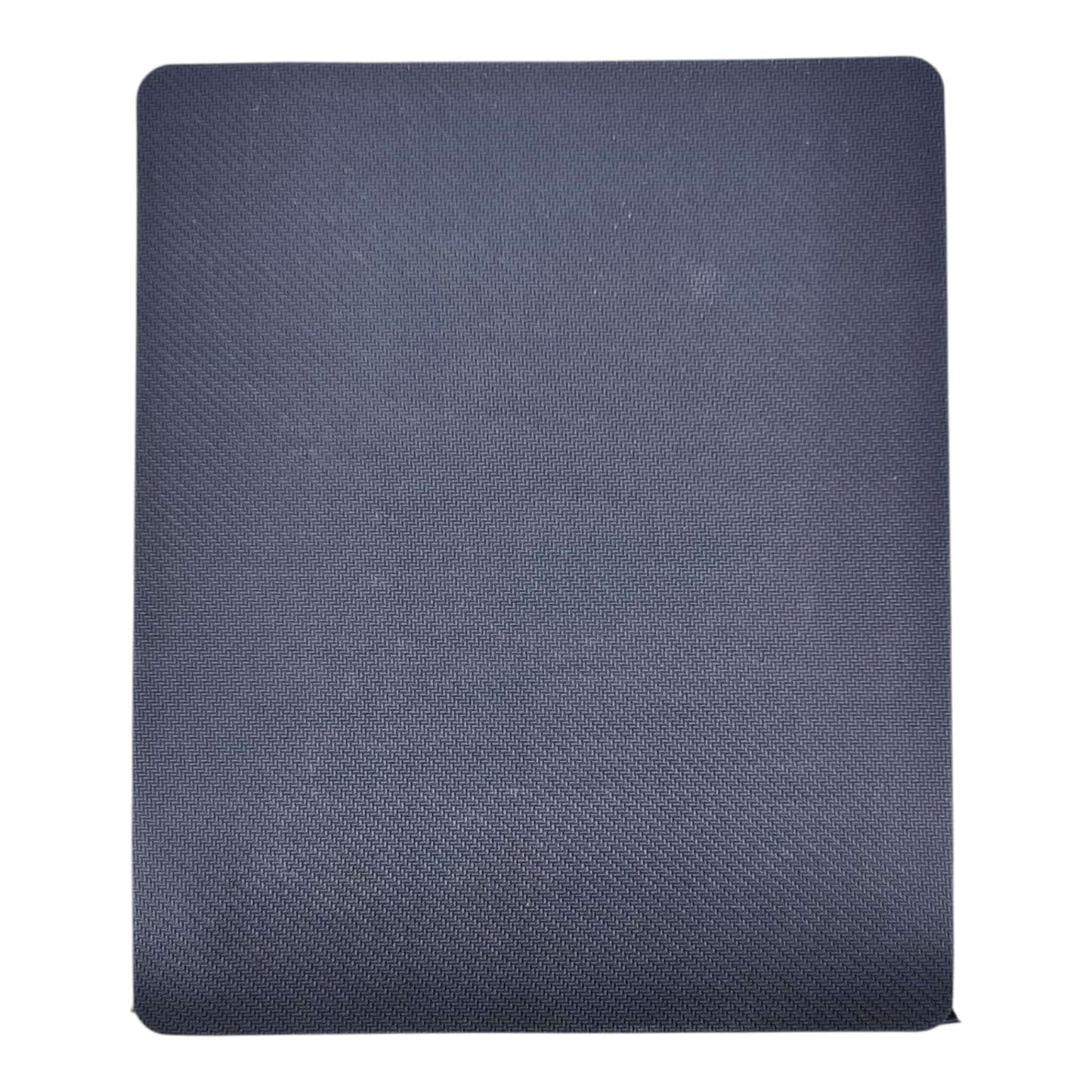 A flat lay of a rectangular dark grey fabric mouse pad with rounded corners.