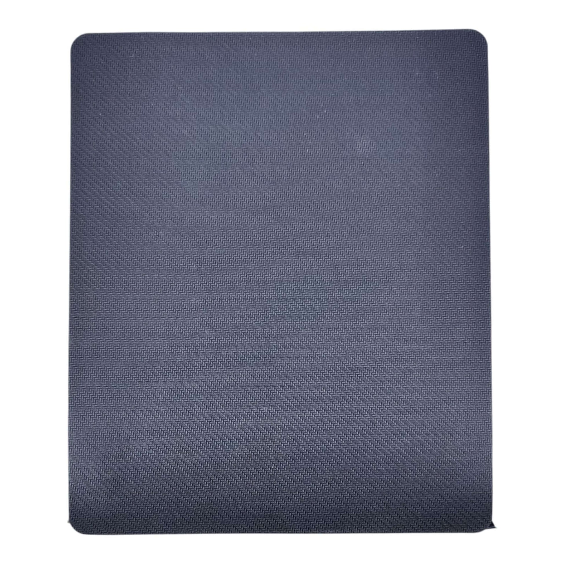 A flat lay of a rectangular dark grey fabric mouse pad with rounded corners.