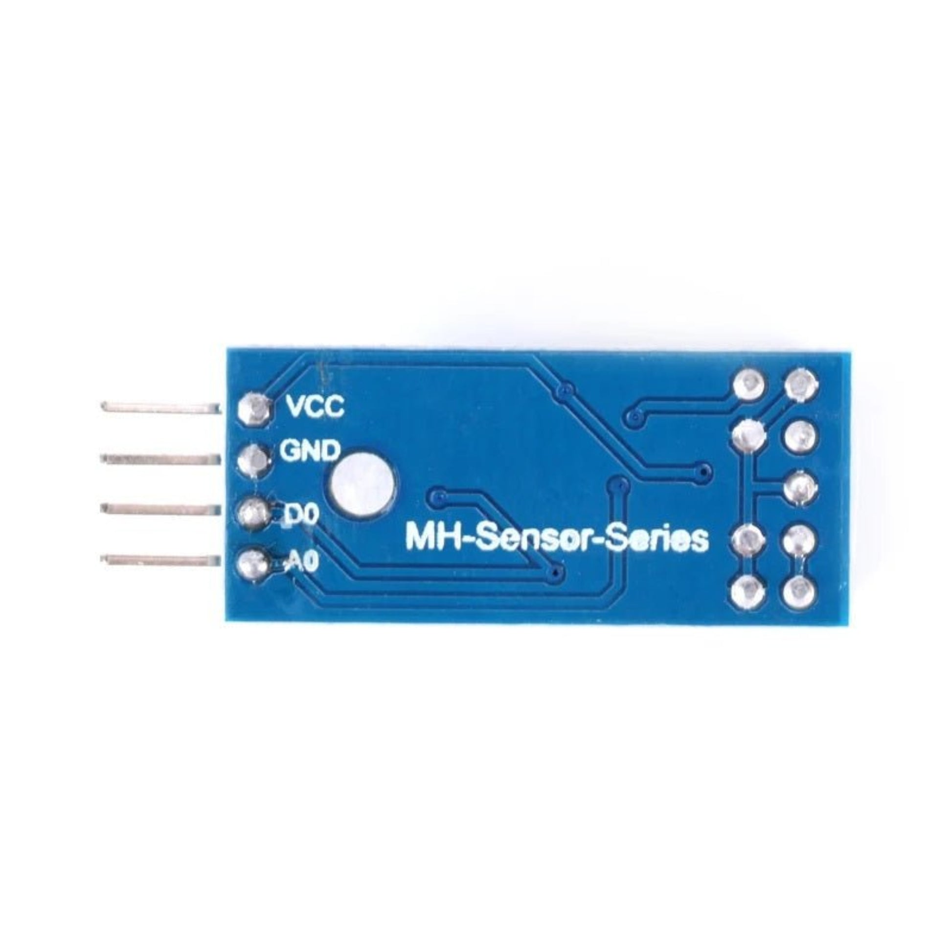 Blue MH-Sensor-Series module with VCC, GND, D0, and A0 pins for Arduino connectivity.