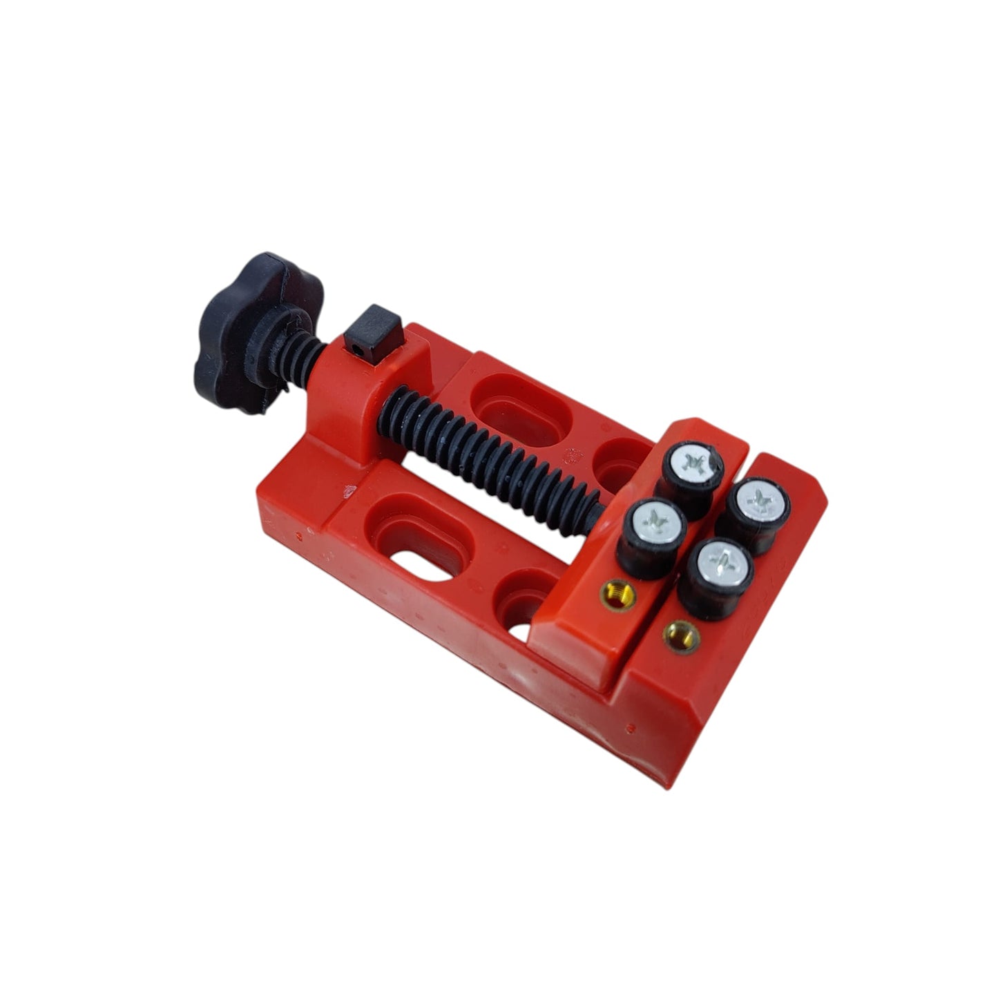 Red mini adjustable craft clamp showing the threaded tension knob and four pegs.