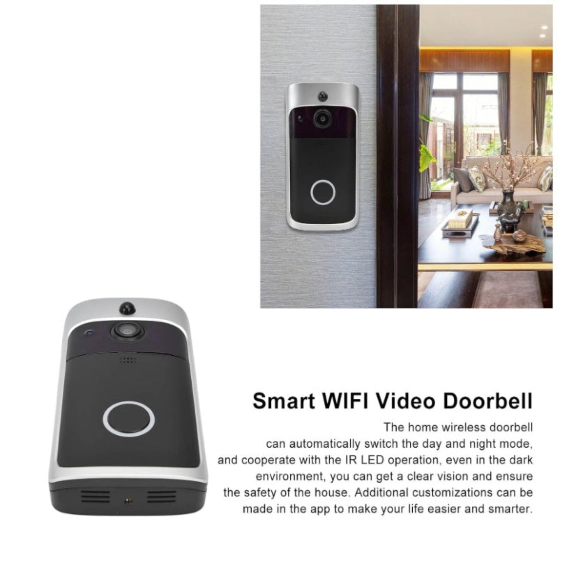 V5 Smart Video Doorbell mounted on a wall next to a living room entrance.