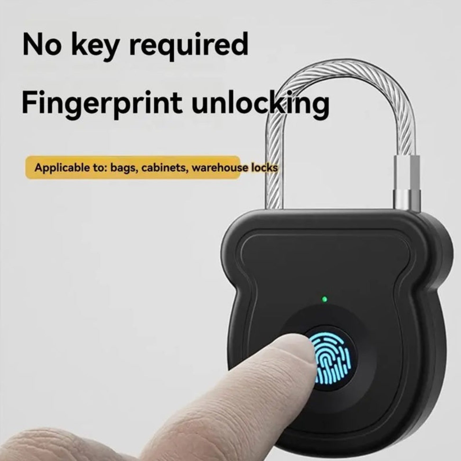 A person unlocking the smart fingerprint padlock with their thumb, showing the illuminated fingerprint sensor.