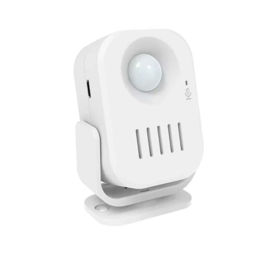 Front view of the white 3-in-1 smart motion sensor alarm and welcome doorbell on its adjustable mounting stand.