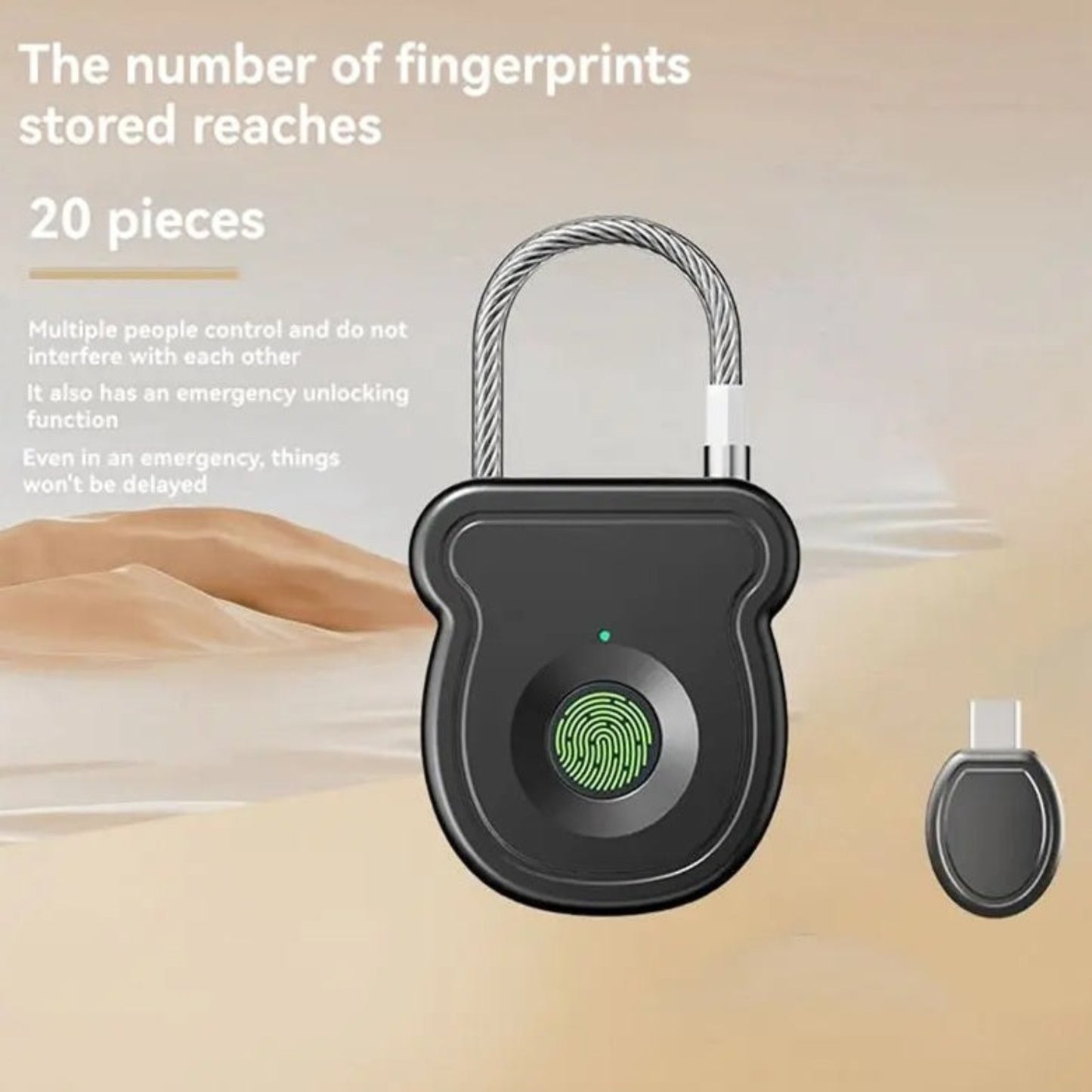 The smart fingerprint padlock with text highlighting its 20-fingerprint storage capacity and emergency function.