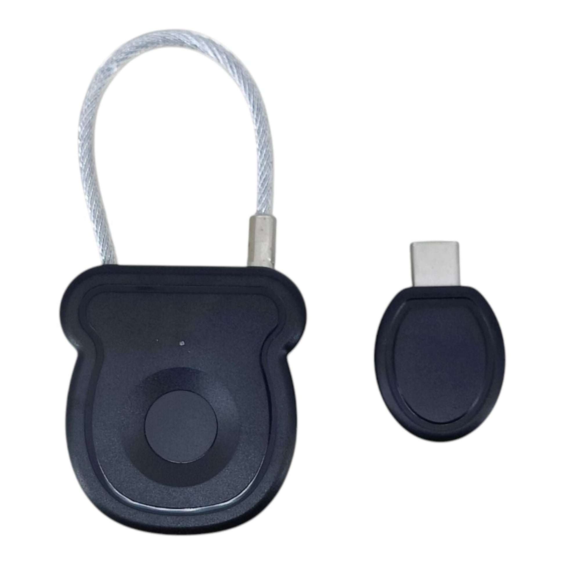 A top-down view of the black smart padlock and its matching electronic key on a white background.