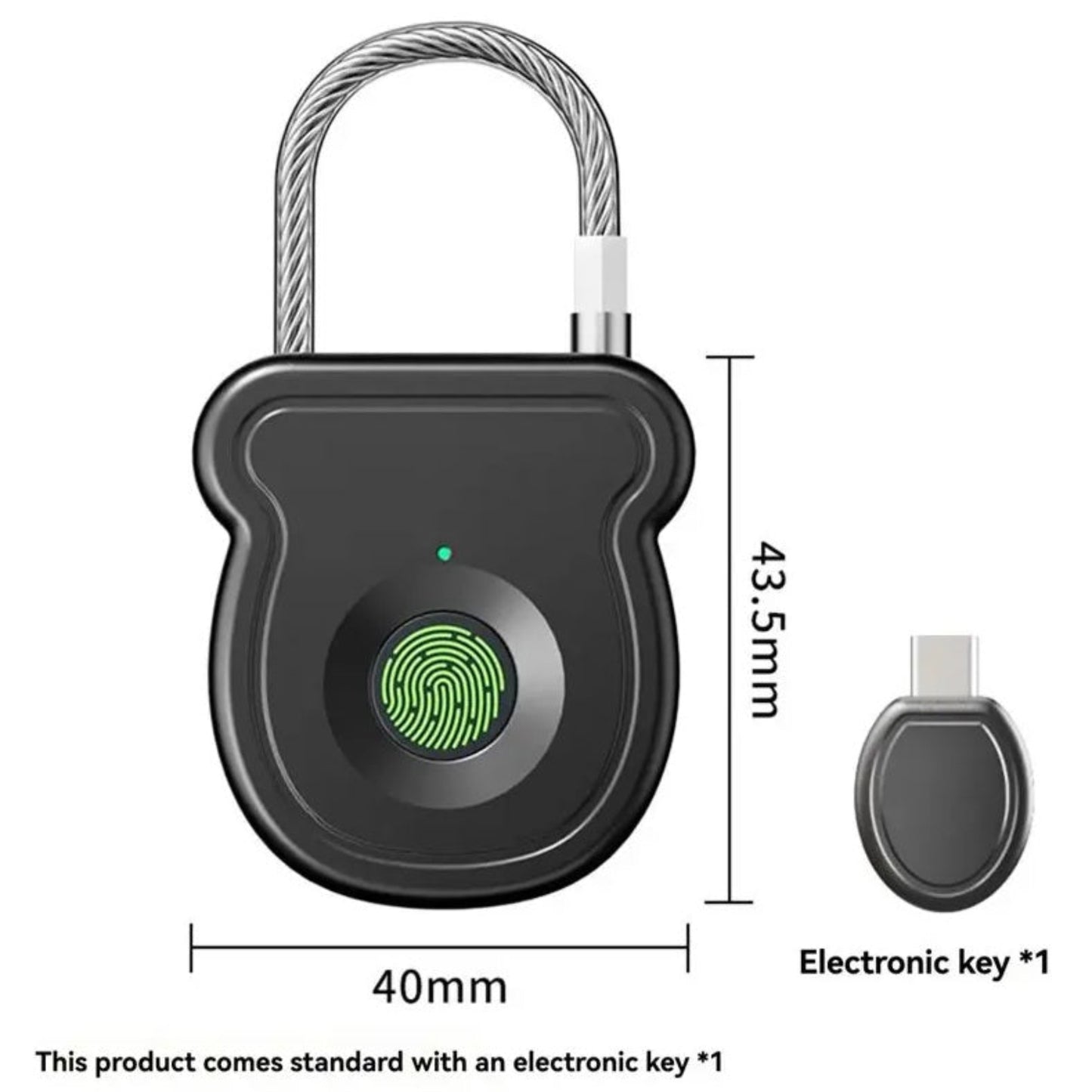 Dimensions of the smart padlock (40mm x 43.5mm) shown next to the included electronic key.