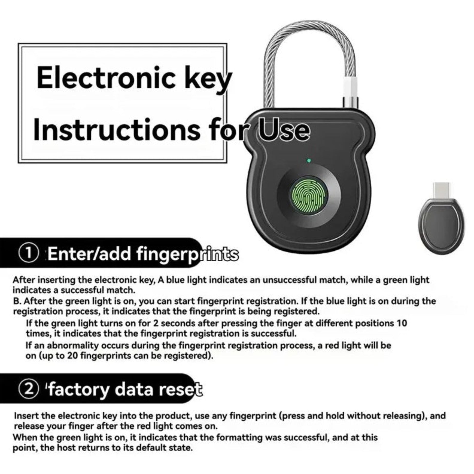 English instructions explaining how to use the electronic key to add fingerprints and perform a factory reset.