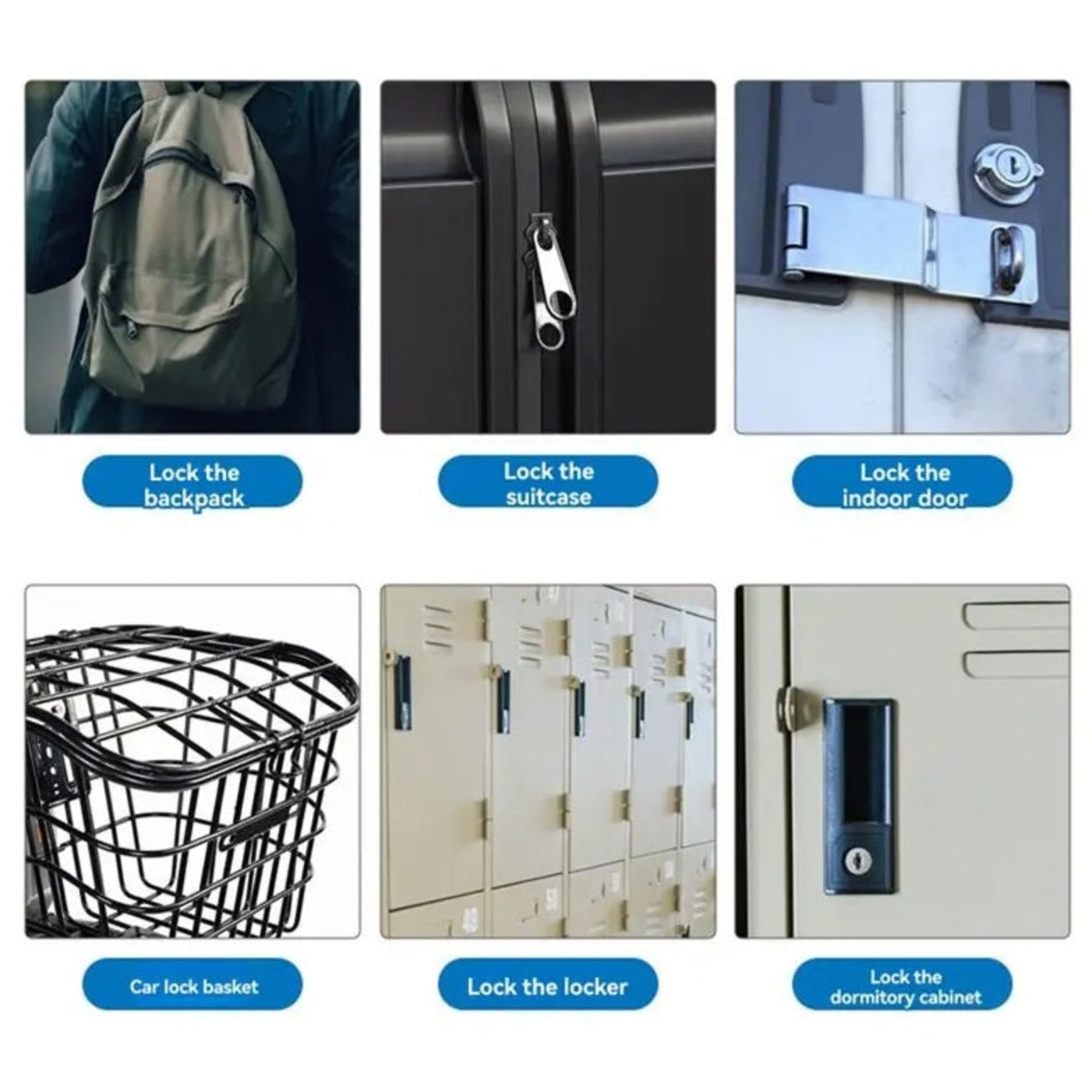 Six examples of the smart padlock securing a backpack, suitcase, indoor door, car basket, locker, and dormitory cabinet.