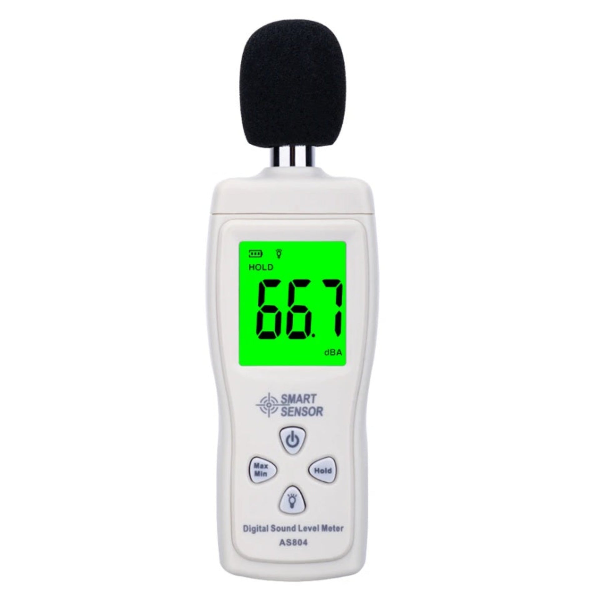 Smart Sensor AS804 Digital Sound Level Meter showing 66.7 dBA reading.