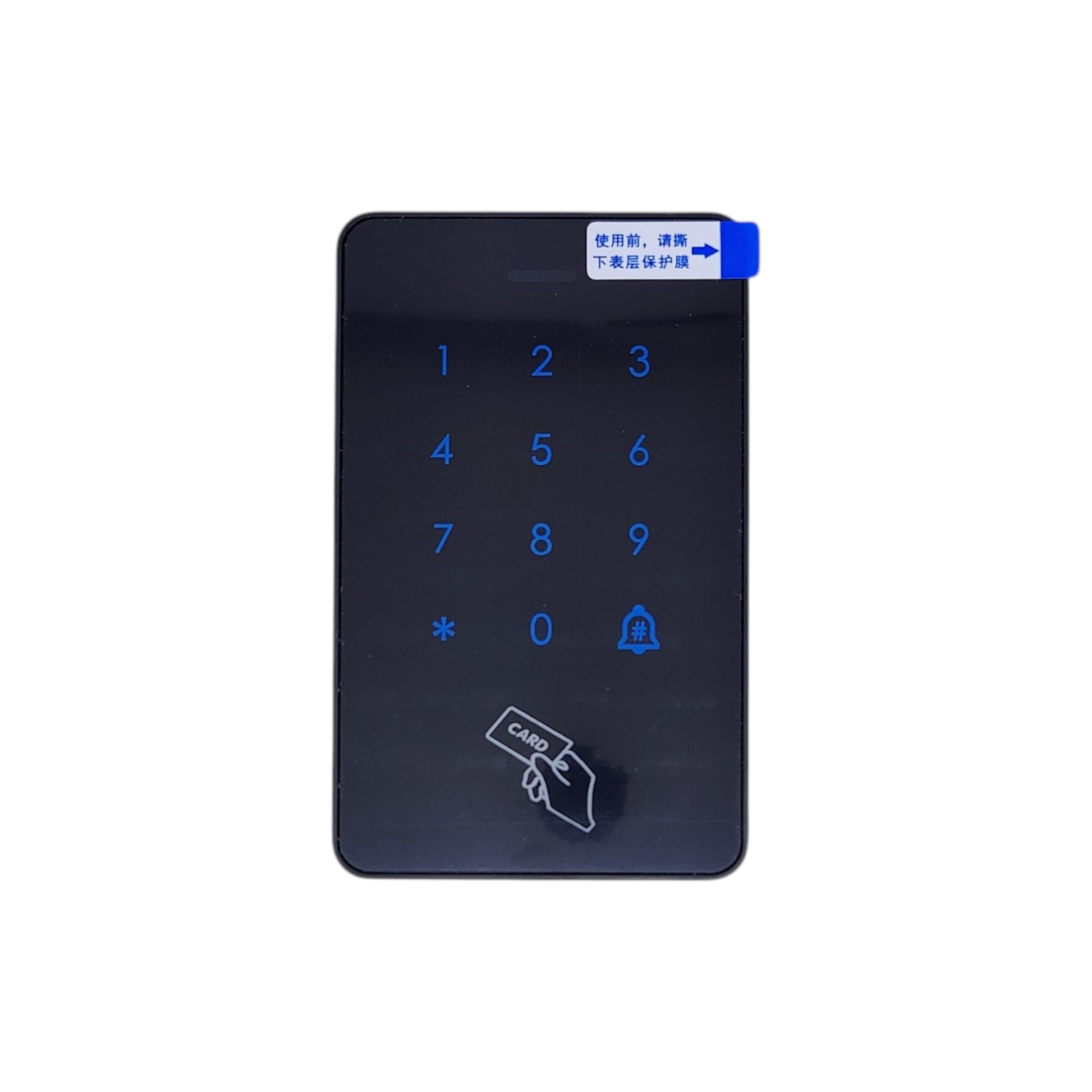 Front view of black touch screen RFID access control keypad with blue LED backlight for card and PIN entry.