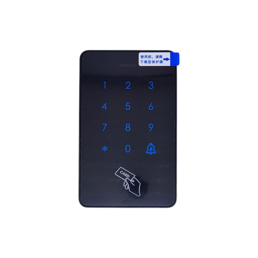 Front view of black touch screen RFID access control keypad with blue LED backlight for card and PIN entry.