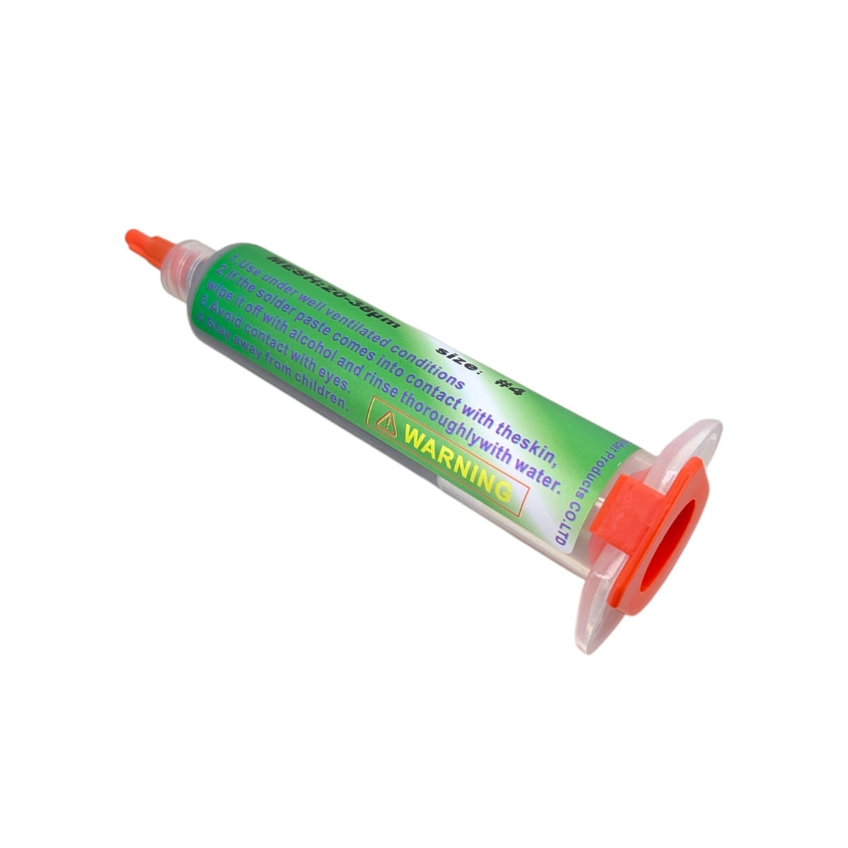錫膏針筒背面的安全警告標籤，並標示了 20-38μm (4號粉) 的微細顆粒規格。