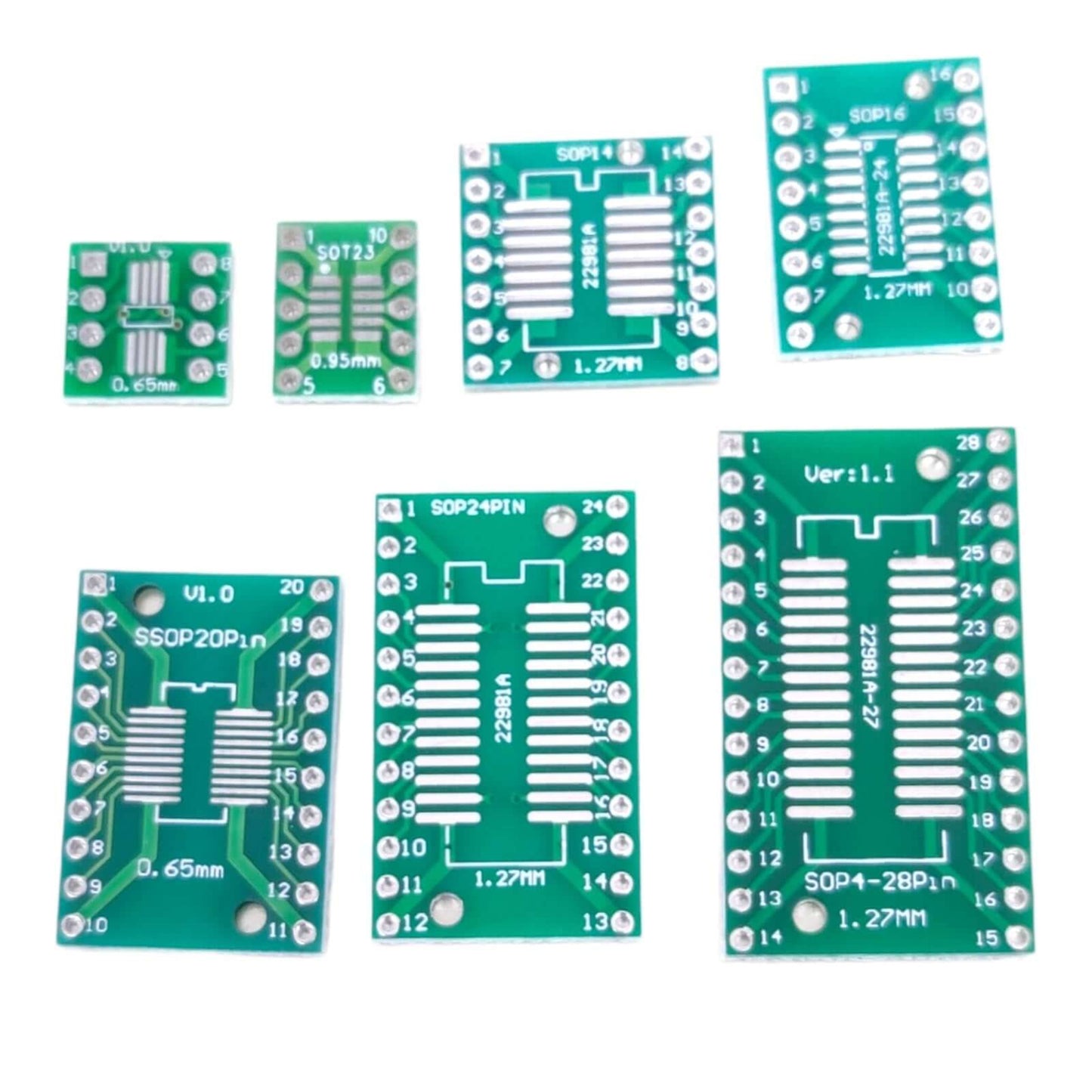 35-piece SMD to DIP adapter PCB board kit showing various sizes