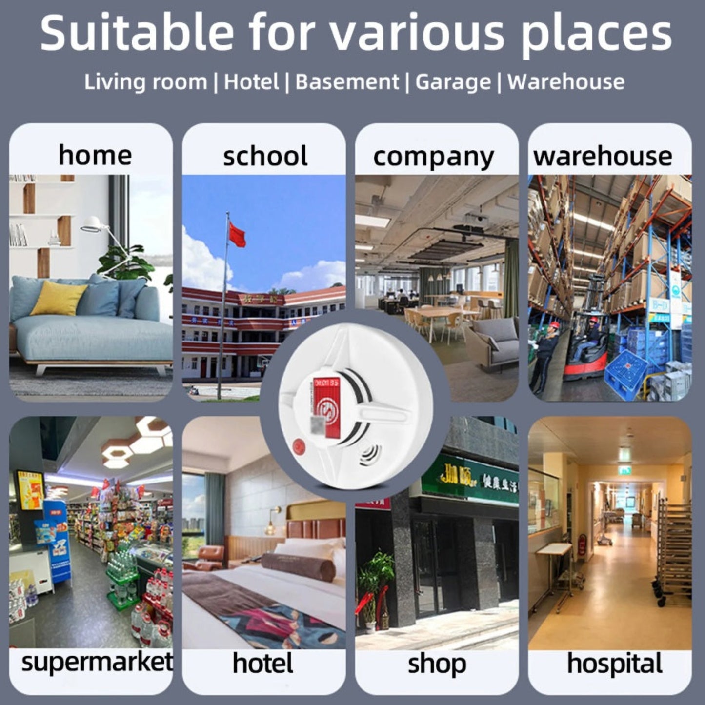 Suitable installation locations for smoke alarms: home, hotel, and warehouse