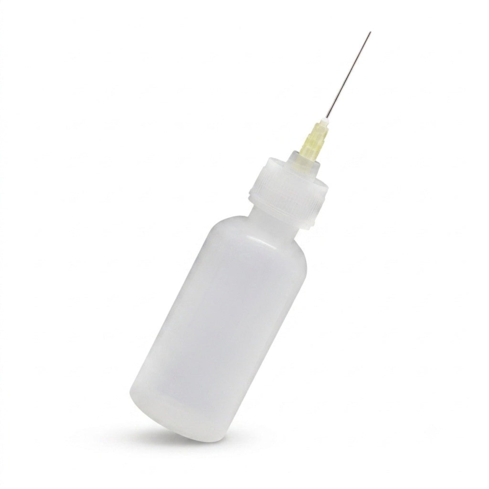 採用柔軟半透明塑膠製造的點膠樽，樽身印有清晰的 55ml 刻度，方便隨時查看助焊劑或洗板水的剩餘量。
