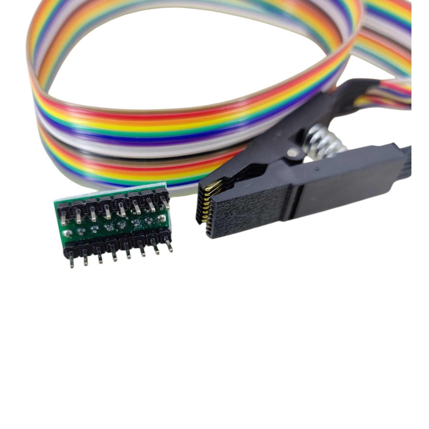 Close-up of SOP16 IC test clip showing gold-plated contact pins and spring-loaded mechanism for secure clamping.