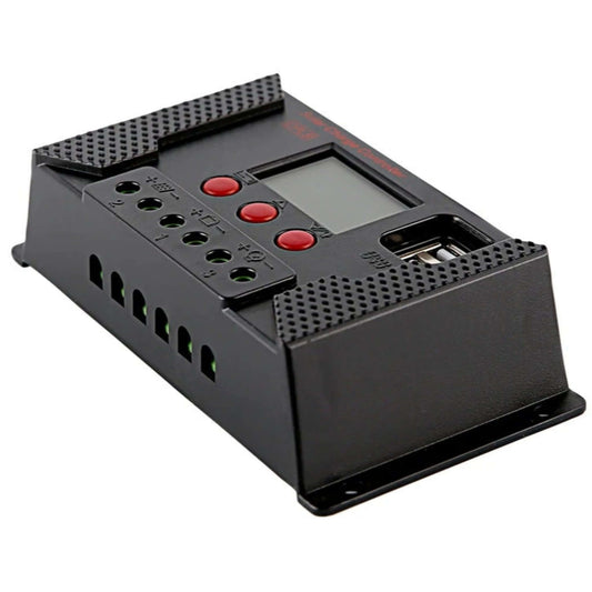 Angled view of a black solar charge controller with display, red buttons, and connection terminals.