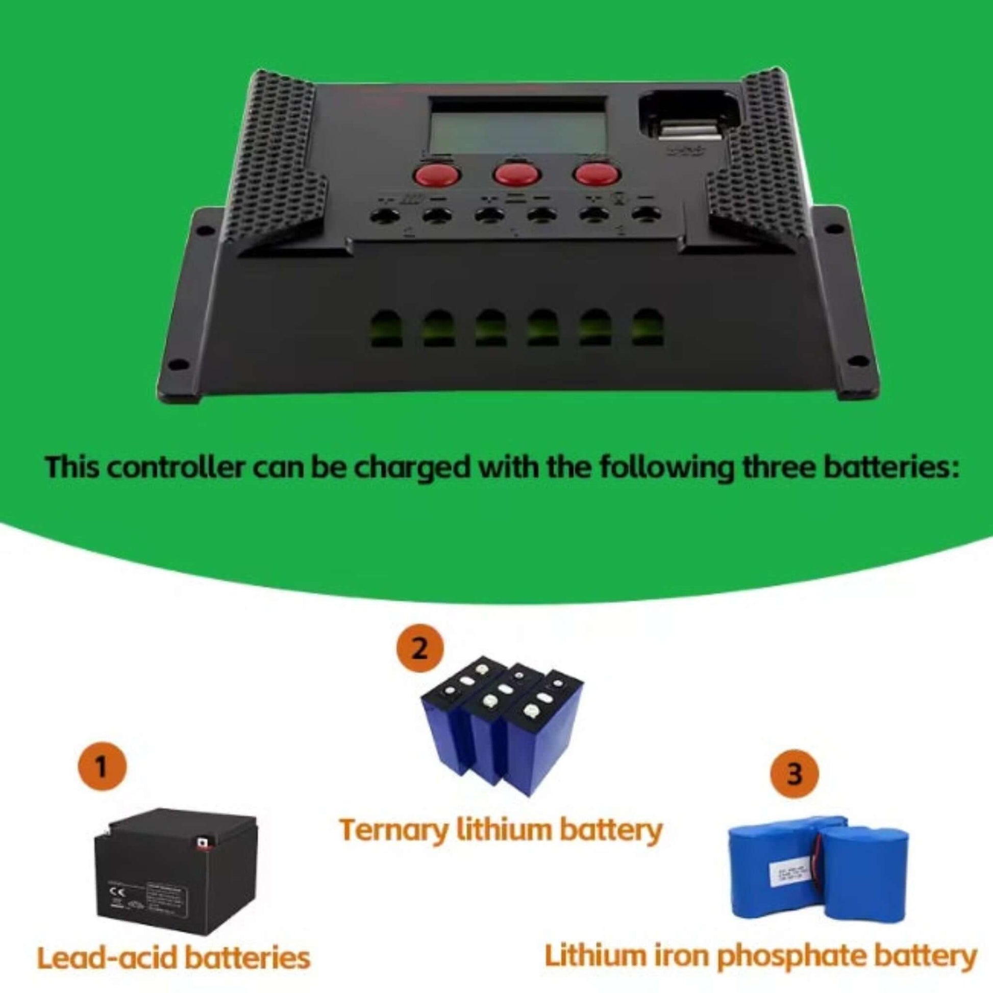 Solar charge controller compatible with lead-acid, ternary lithium, and lithium iron phosphate batteries.