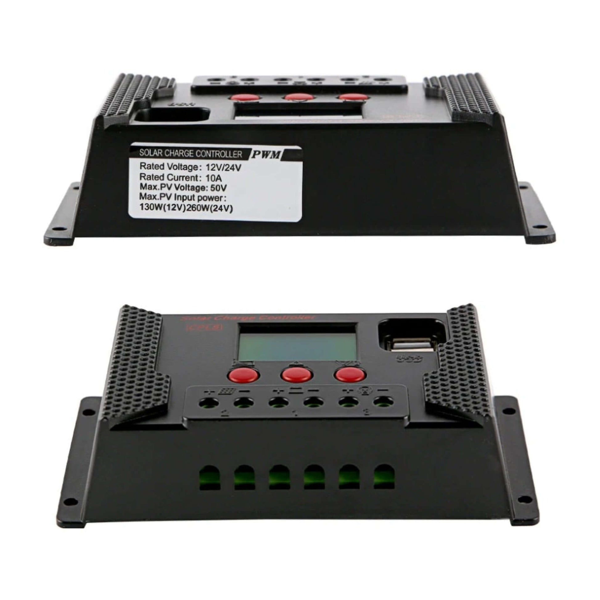 Front and top views of a 12V/24V PWM solar charge controller with USB ports and specifications.