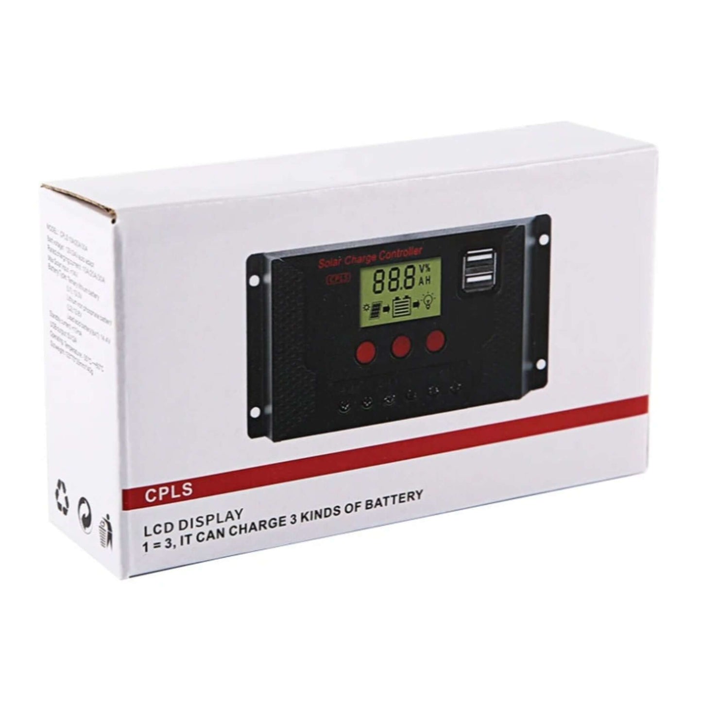 White retail box for a solar charge controller with LCD display and multi-battery charging capability.