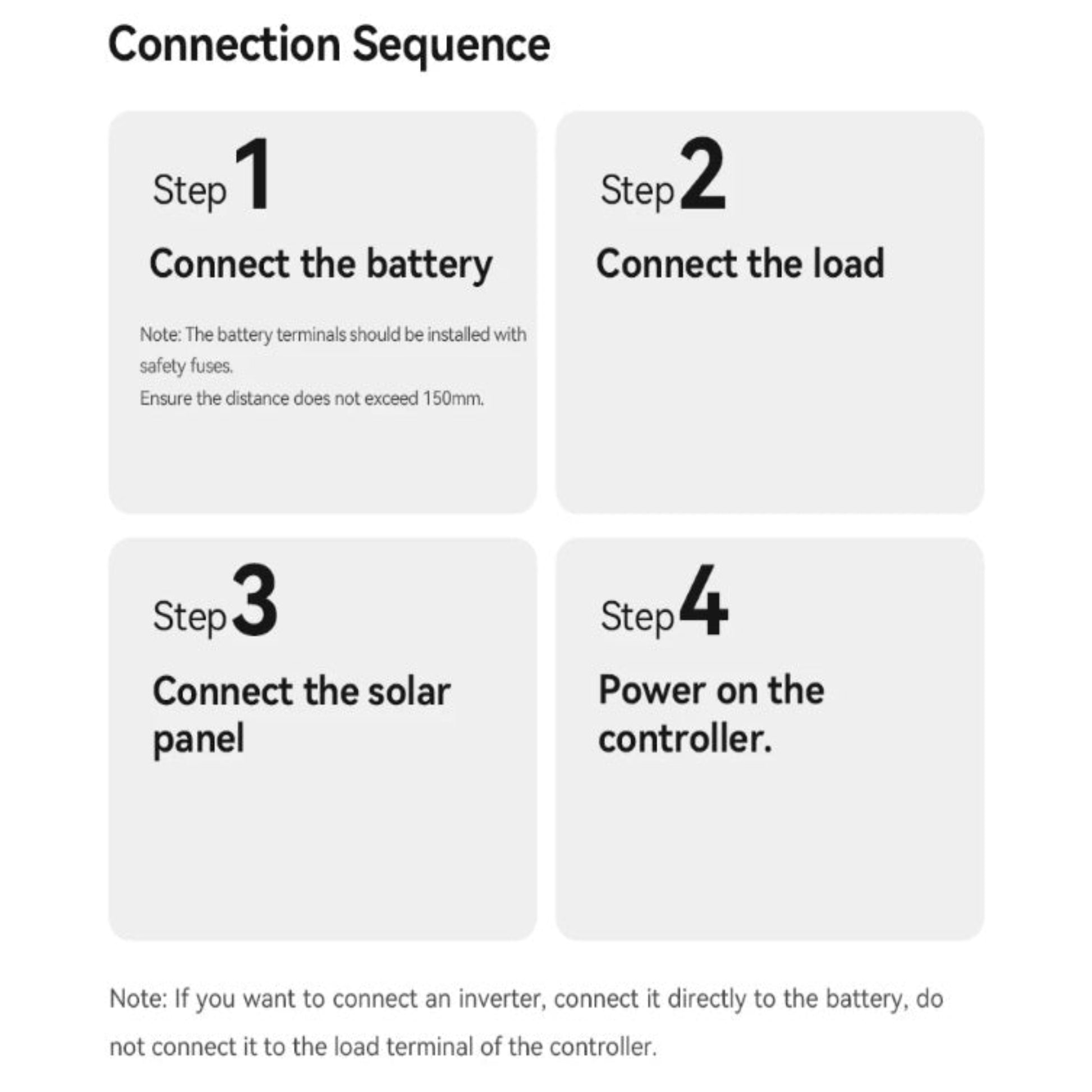 Solar controller connection sequence: 1. Battery, 2. Load, 3. Solar Panel, 4. Power on.